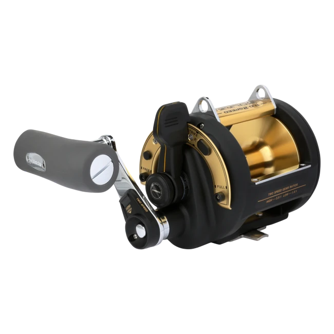 Dogfish Tackle & Marine Shimano TLD 2 Speed Conventional Reel, black with gold spool and grey handle. Features lever drag and two speed gear.