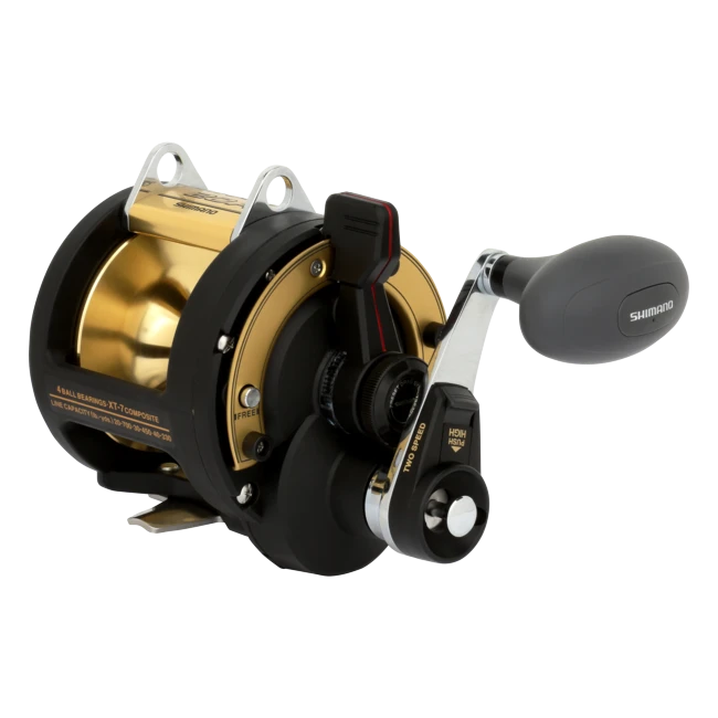 Dogfish Tackle & Marine Shimano TLD 2 Speed Conventional Reel, black with gold spool, 4 ball bearings, XT-7 composite.