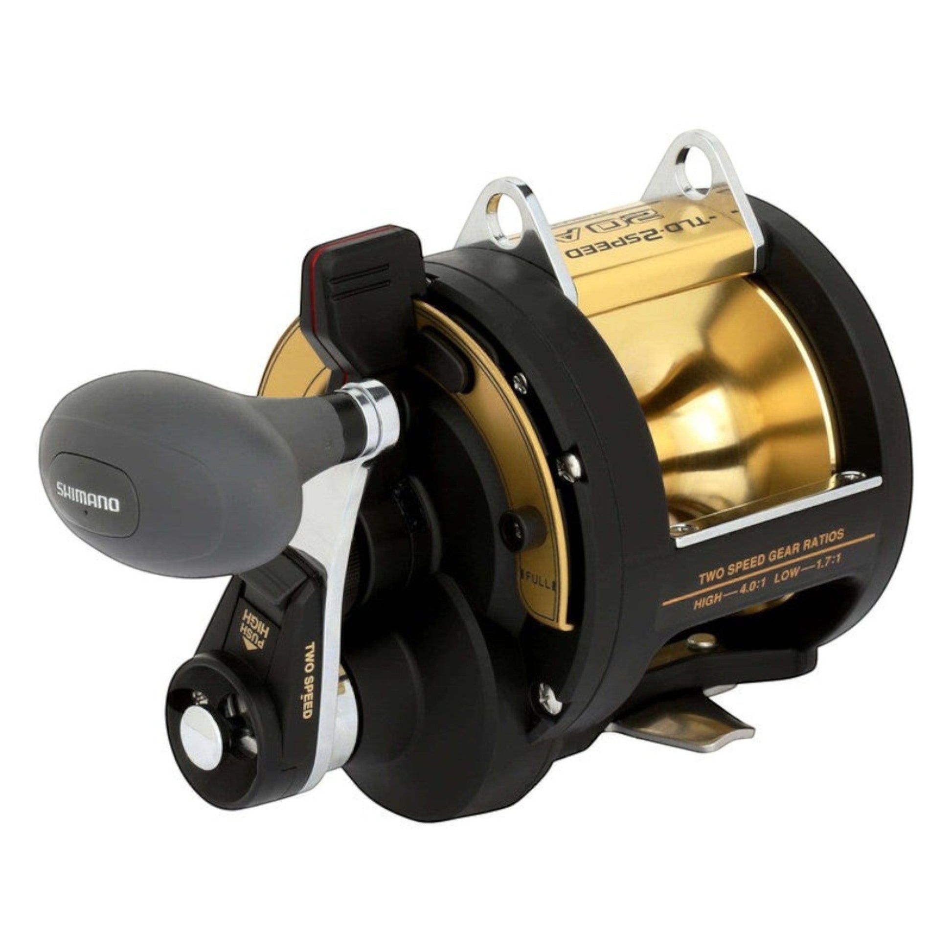 Dogfish Tackle & Marine Shimano TLD 2 Speed Lever Drag Conventional Reel, black with gold spool, for offshore fishing.