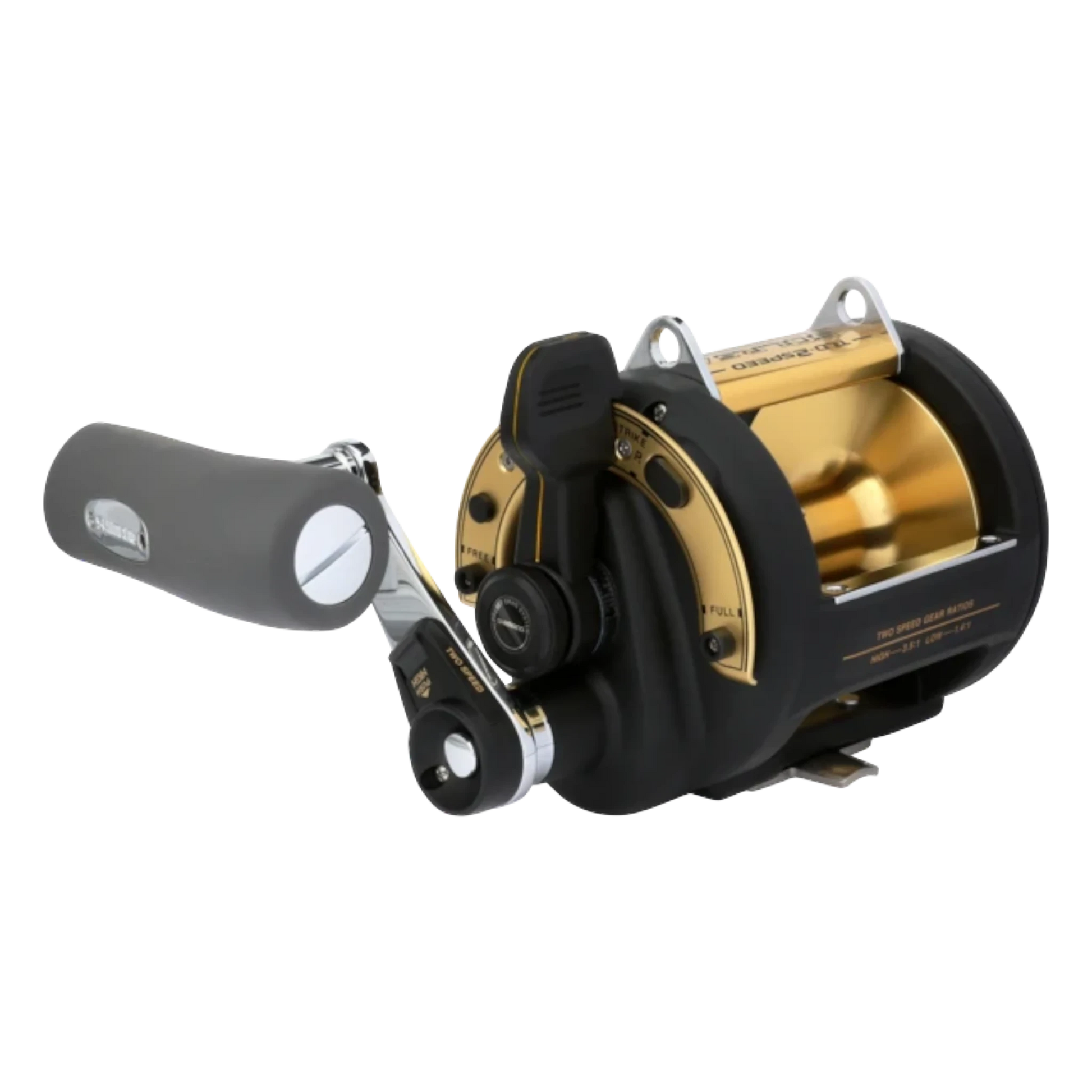 Dogfish Tackle & Marine Shimano TLD 2 Speed Lever Drag Conventional Reel, black with gold spool and grey handle.