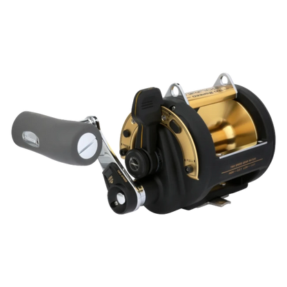 Dogfish Tackle & Marine Shimano TLD 2 Speed Lever Drag Conventional Reel, black with gold spool and grey handle.