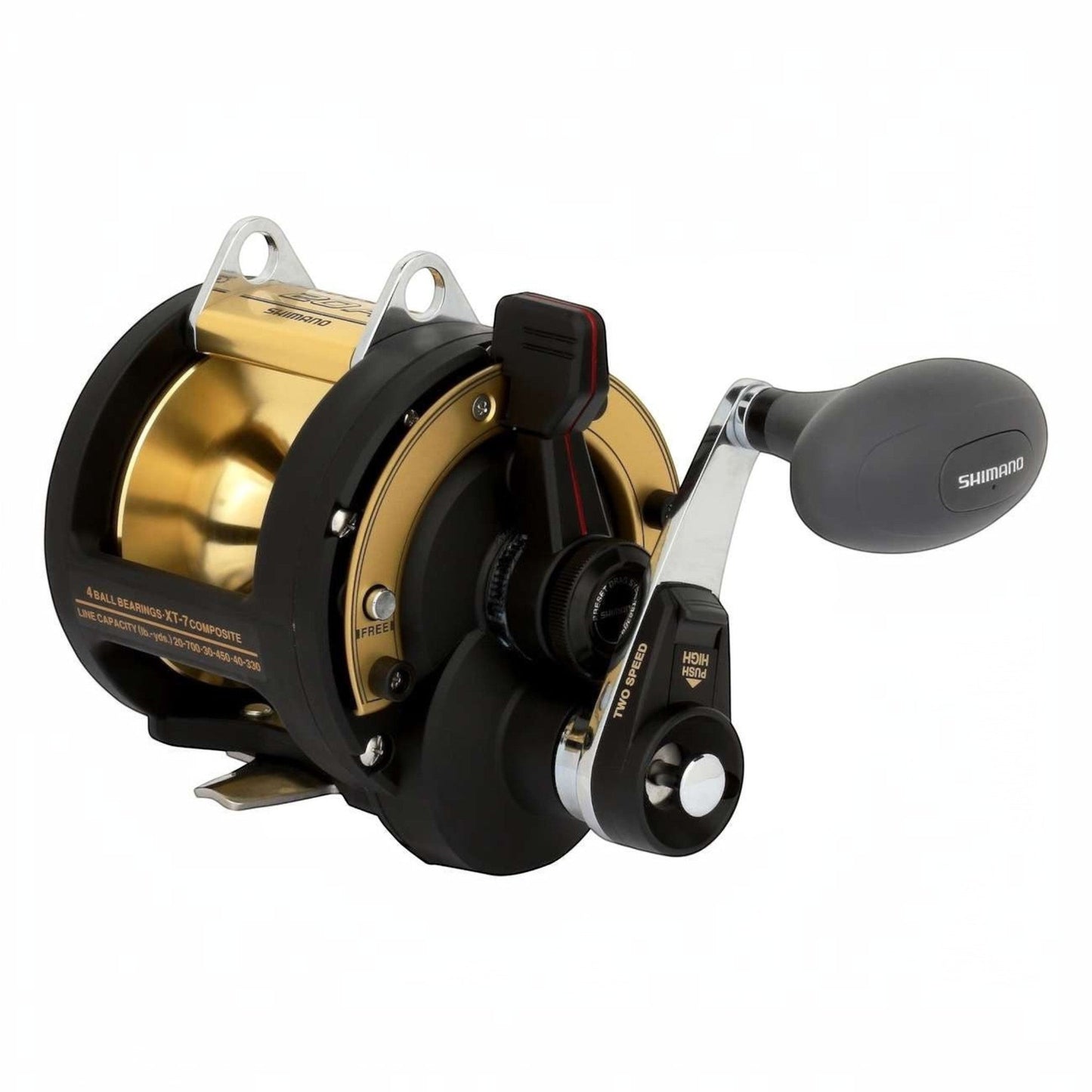 Dogfish Tackle & Marine Shimano TLD 2 Speed Lever Drag Conventional Reel, black with gold spool and silver handle.