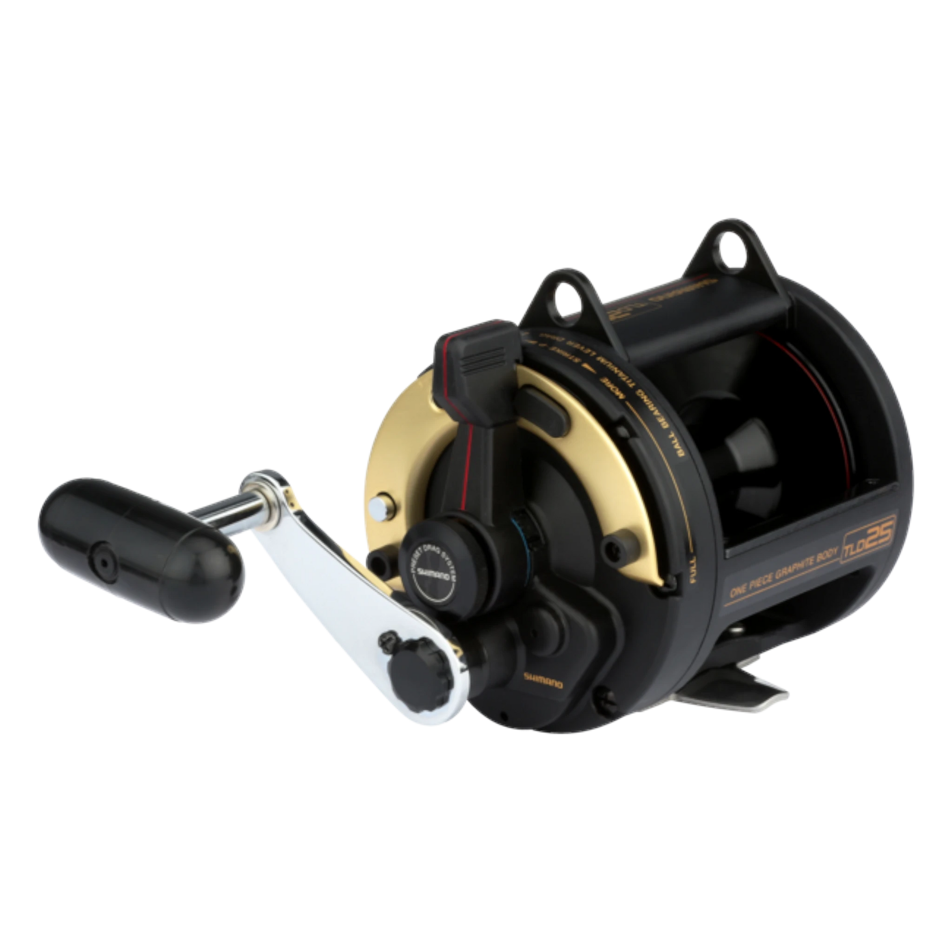 Dogfish Tackle & Marine Shimano TLD 25 conventional fishing reel, black with gold accents, features a silver crank handle.