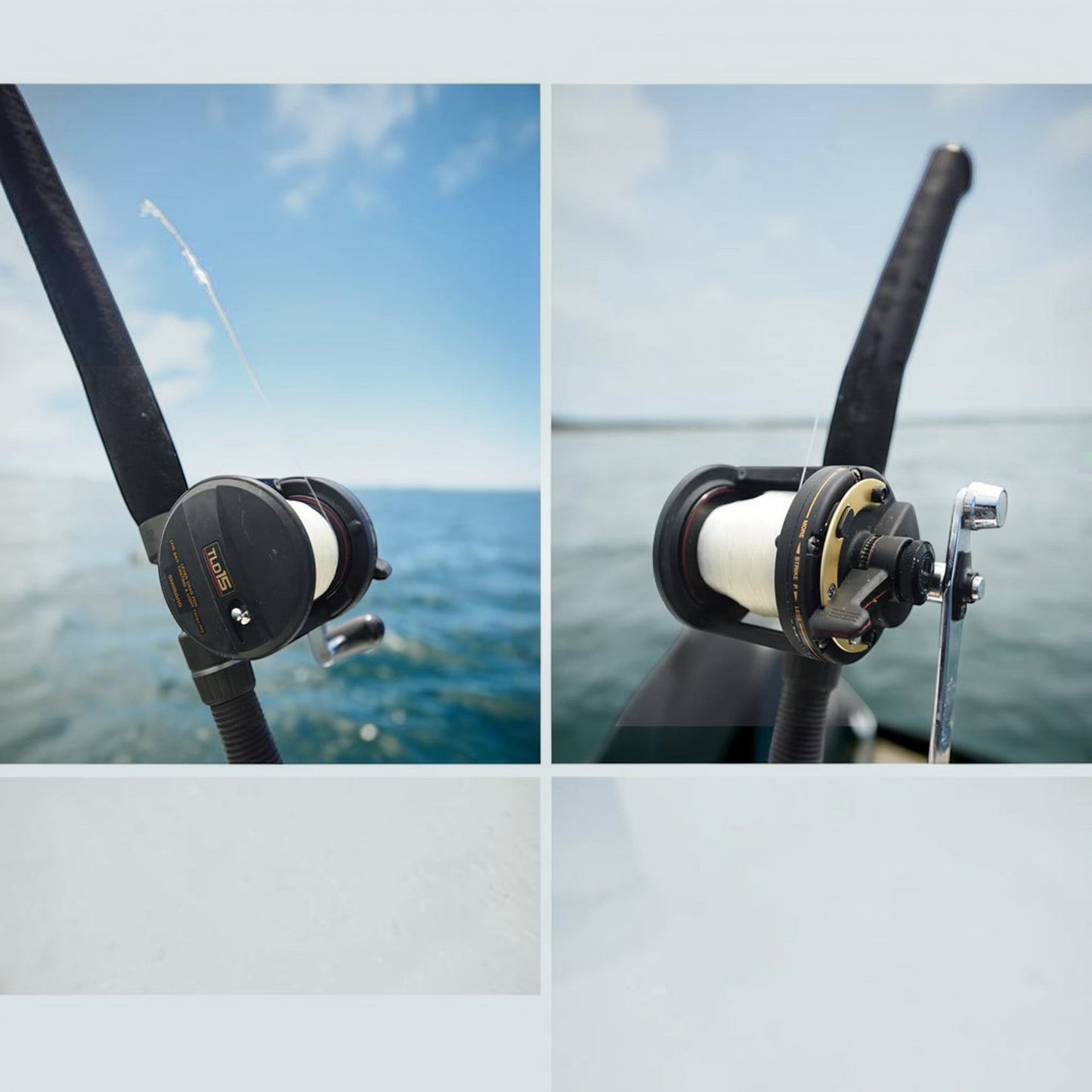 Dogfish Tackle & Marine Shimano TLD Lever Drag Conventional Reel, black with white line spool, on a fishing rod over the ocean.