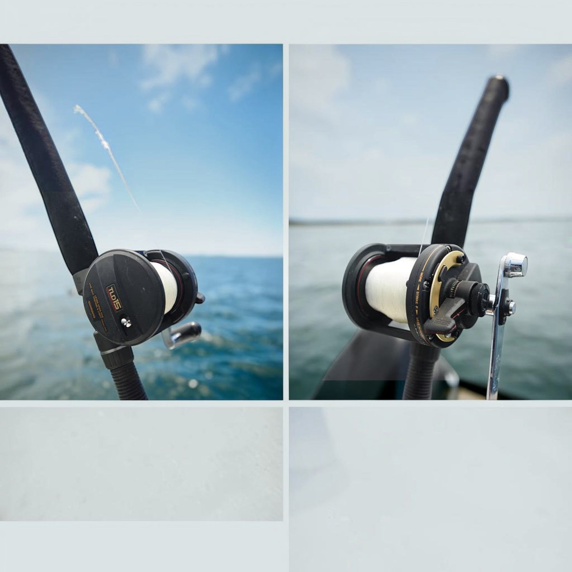 Dogfish Tackle & Marine Shimano TLD Lever Drag Conventional Reel, black with white line spool, on a fishing rod over the ocean.