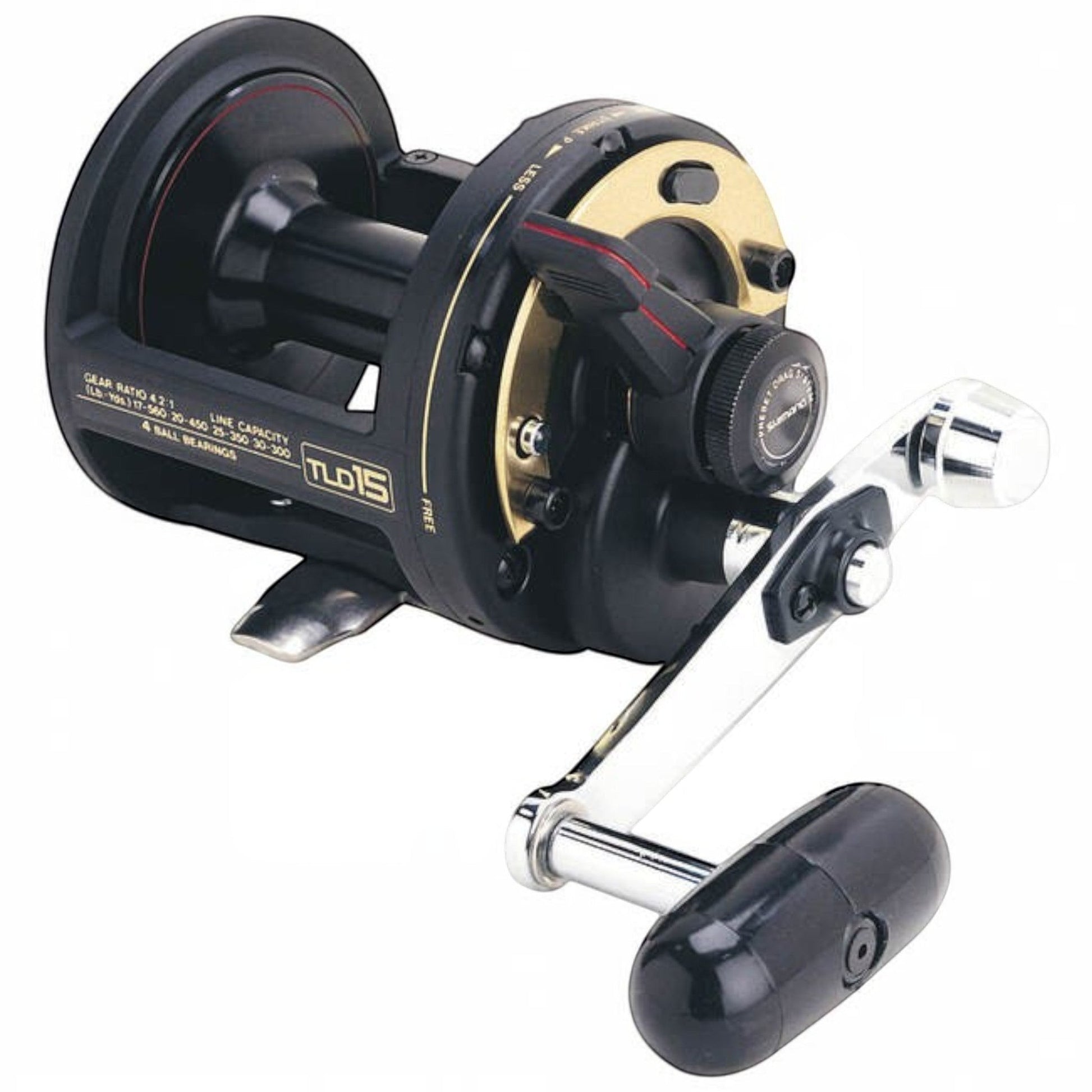 Dogfish Tackle & Marine Shimano TLD15 lever drag conventional fishing reel, black with gold accents and silver handle.