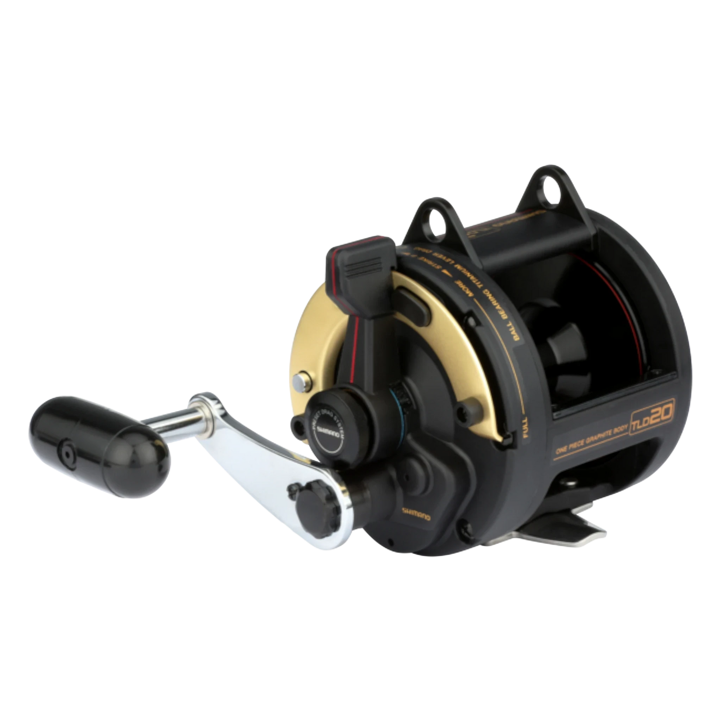 Dogfish Tackle & Marine Shimano TLD20 lever drag conventional fishing reel, black and gold with silver handle.