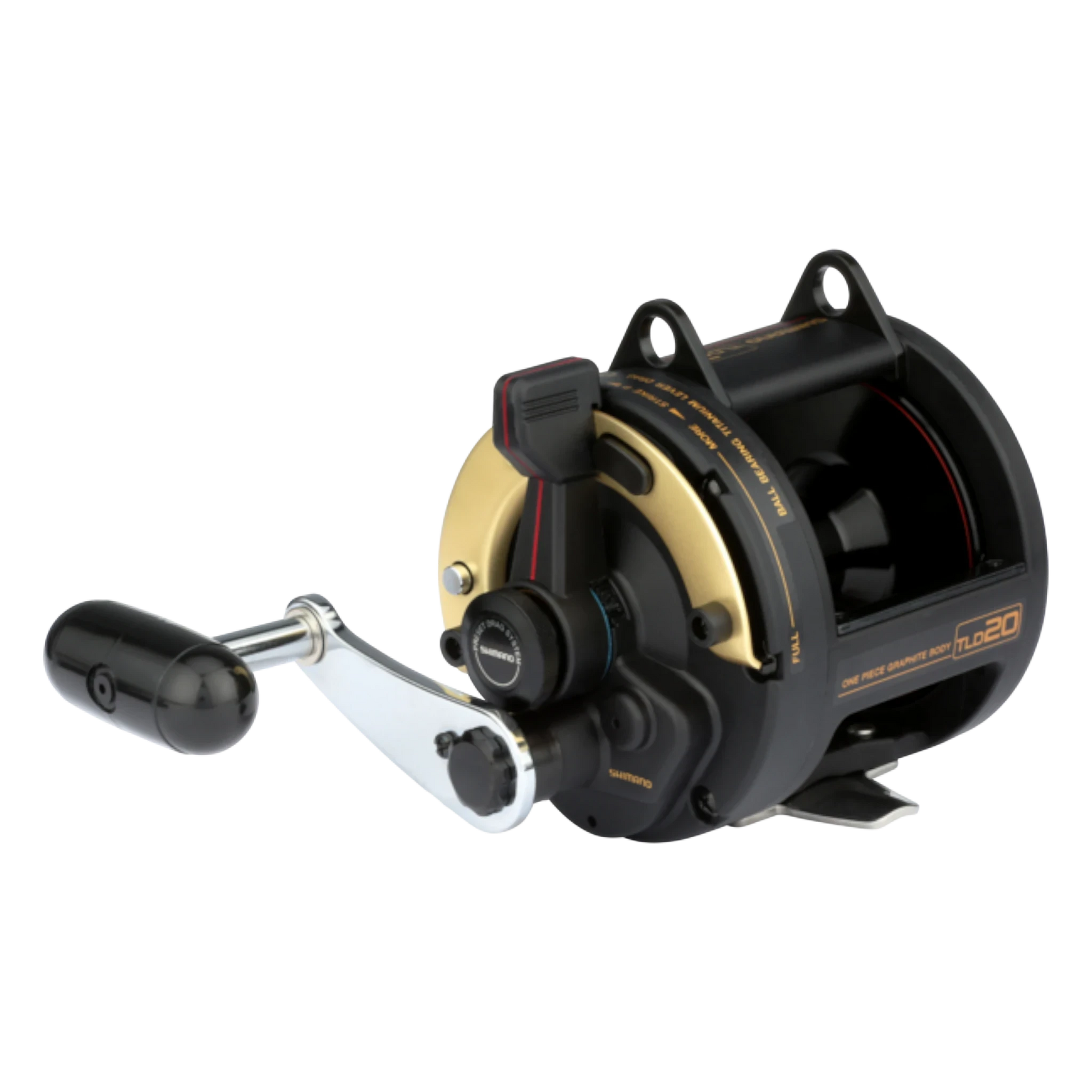 Dogfish Tackle & Marine Shimano TLD20 lever drag conventional fishing reel, black and gold with silver handle.