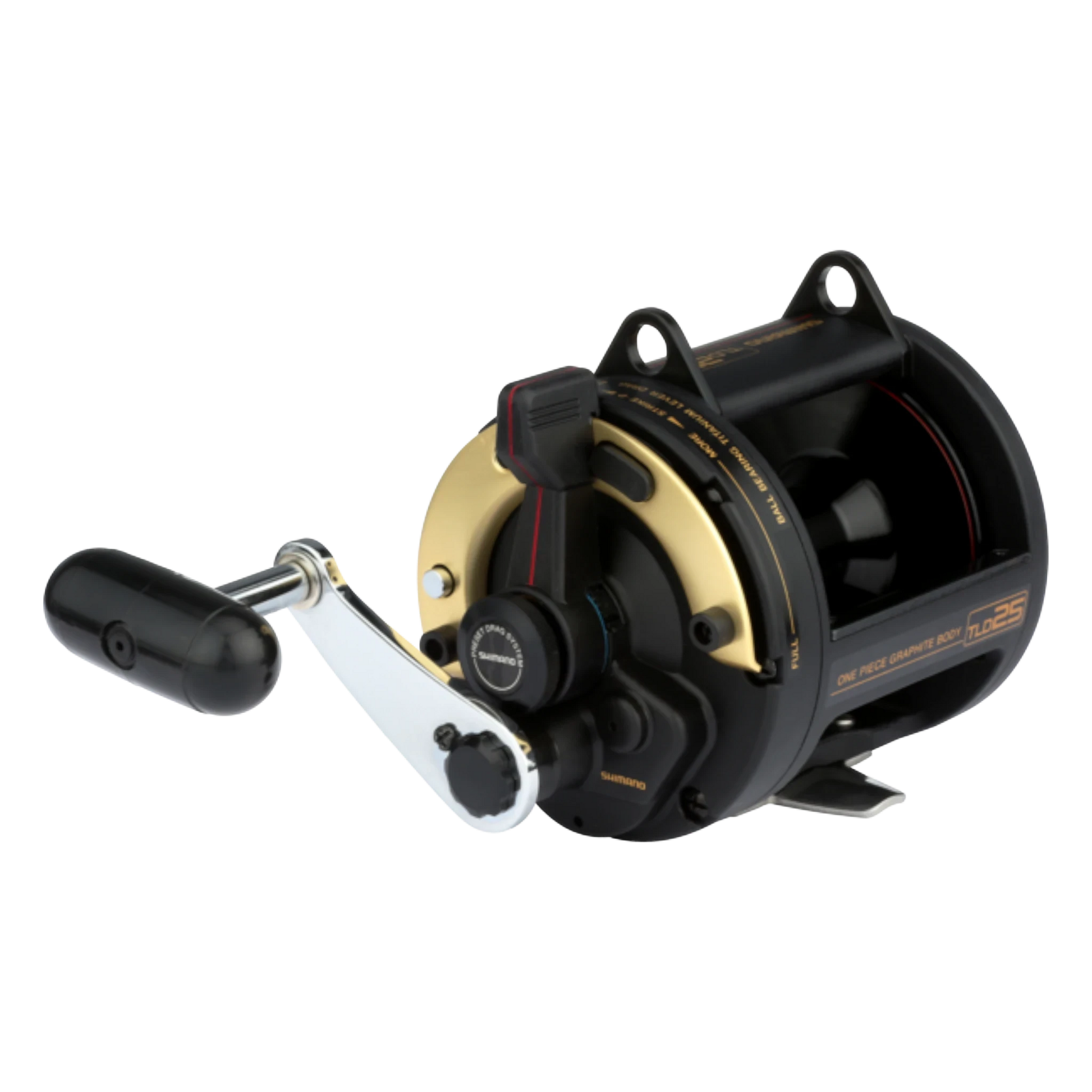 Dogfish Tackle & Marine Shimano TLD25 lever drag conventional fishing reel, black and gold with silver handle.