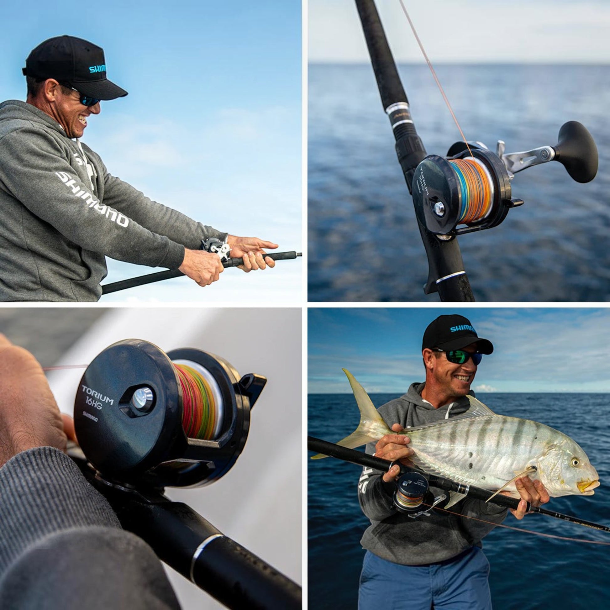 Dogfish Tackle & Marine Shimano Torium 16HG conventional fishing reel with multi-colored line, held by angler.