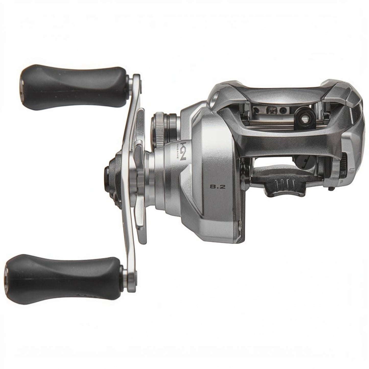 Dogfish Tackle & Marine Shimano Tranx 150 baitcasting reel, silver with black handle grips. Features 8.2 gear ratio.