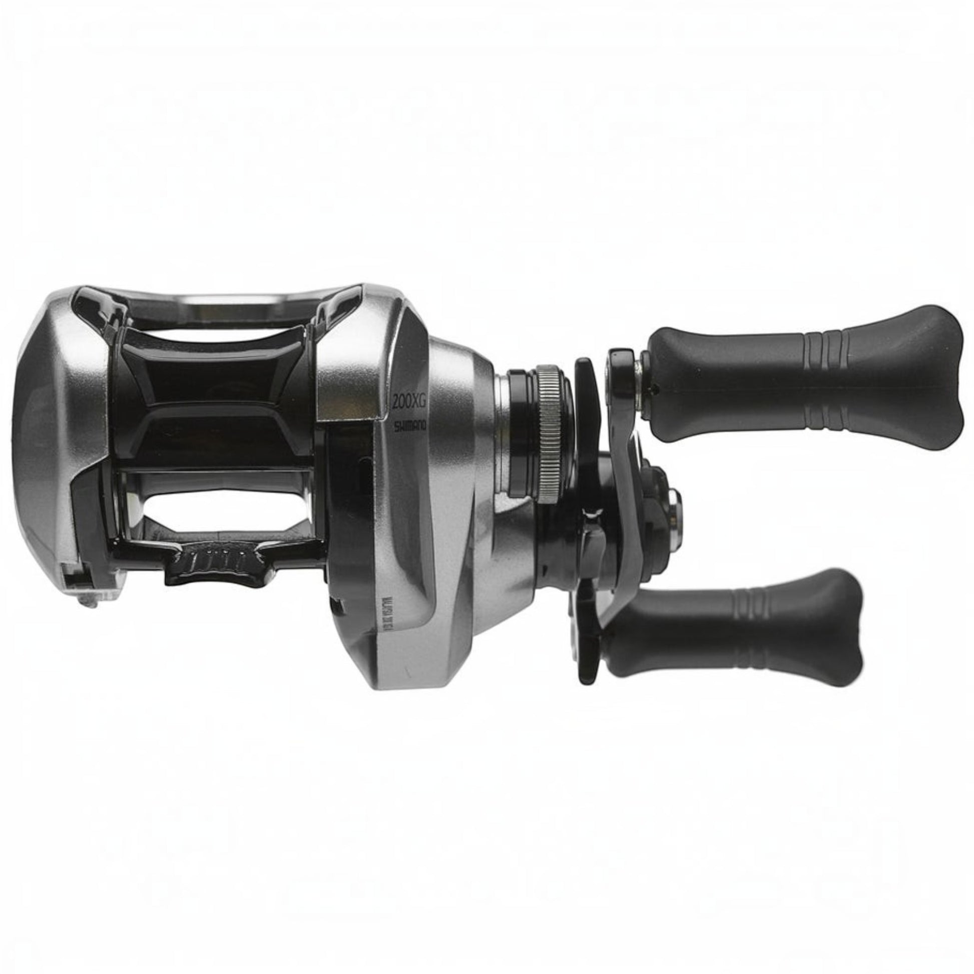 Dogfish Tackle & Marine Shimano Tranx 200 A baitcasting reel, silver and black with ergonomic handles. Features HAGANE Body and SVS Infinity.