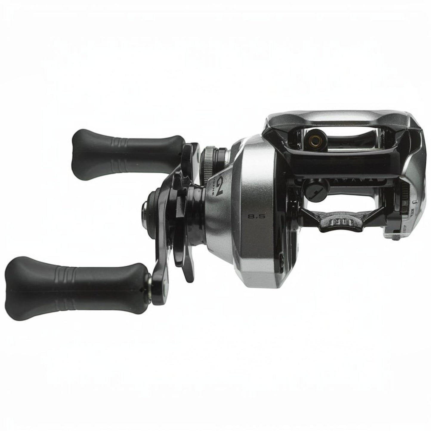 Dogfish Tackle & Marine Shimano Tranx 200 A baitcasting reel, silver and black with ergonomic handles and 8.5:1 gear ratio.