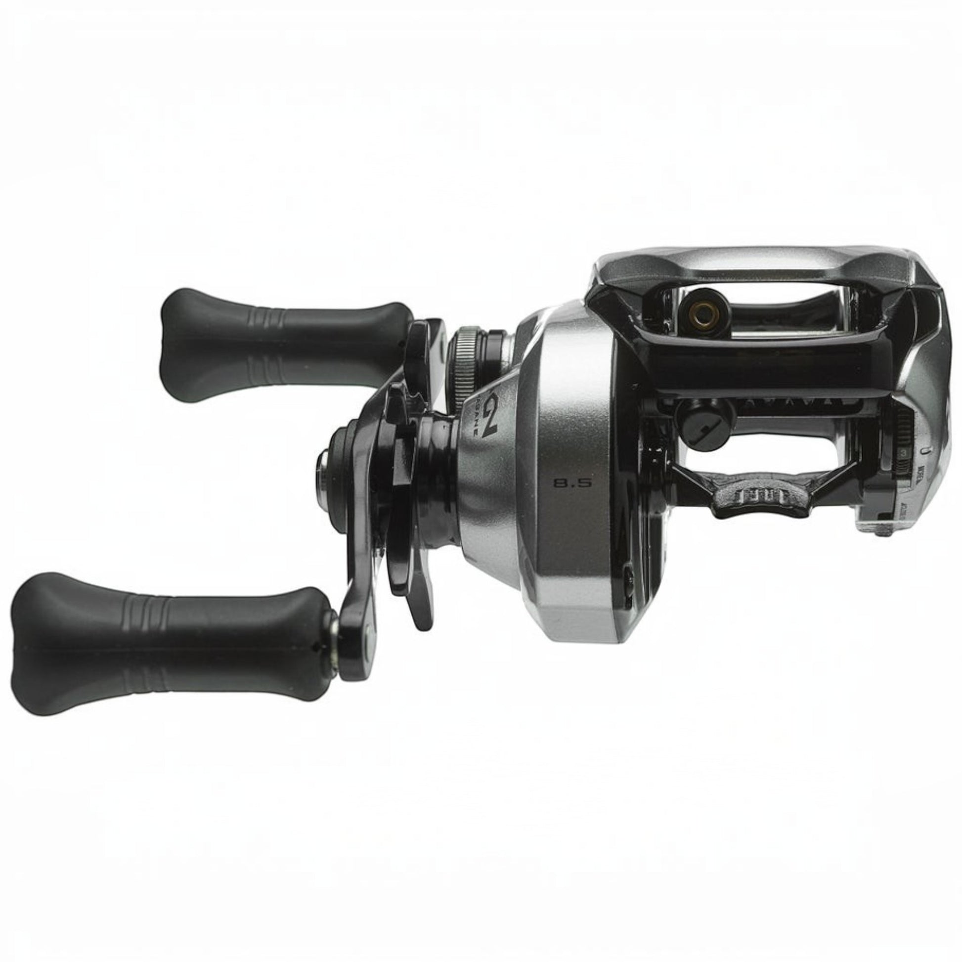 Dogfish Tackle & Marine Shimano Tranx 200 A baitcasting reel, silver and black with ergonomic handles and 8.5:1 gear ratio.