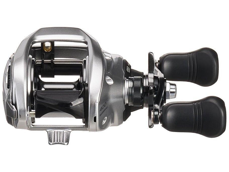 Dogfish Tackle & Marine Shimano Tranx 400B baitcasting reel, silver with black handles, for big fish and heavy-duty angling.