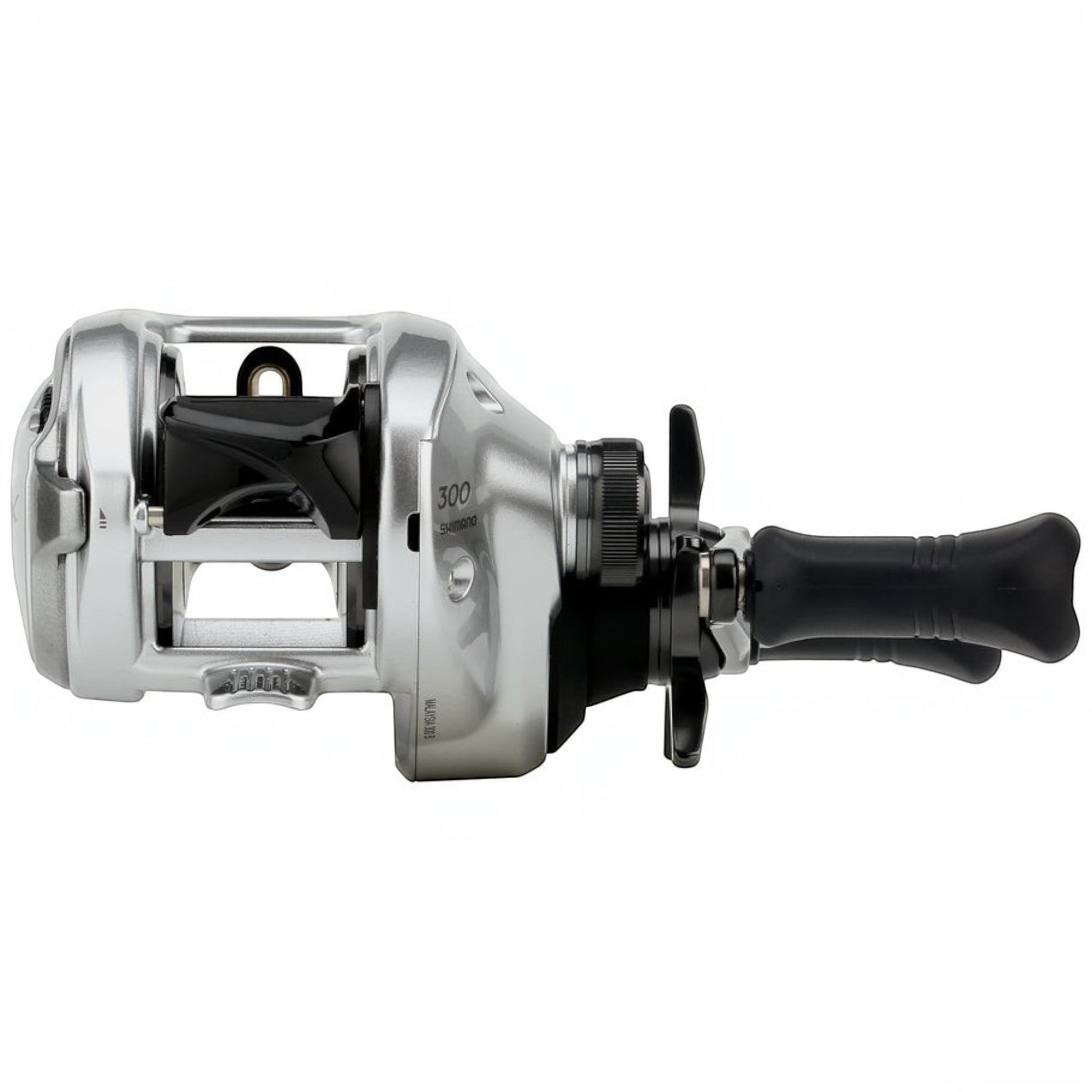 Dogfish Tackle & Marine Shimano Tranx B 300 baitcasting reel, silver with black handle and accents. Features SVS Infinity MD Tune.