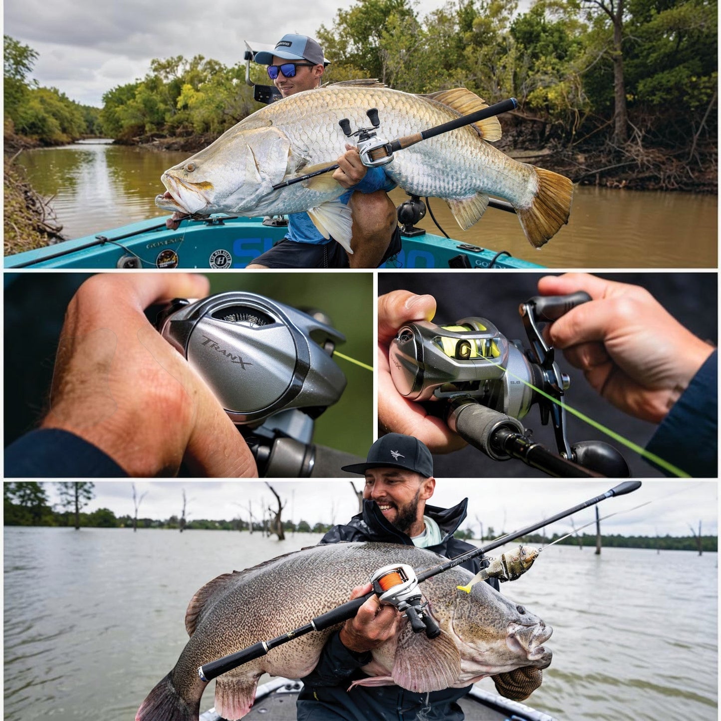 Dogfish Tackle & Marine Shimano Tranx B baitcasting reel with silver and black finish, held by angler with large fish.