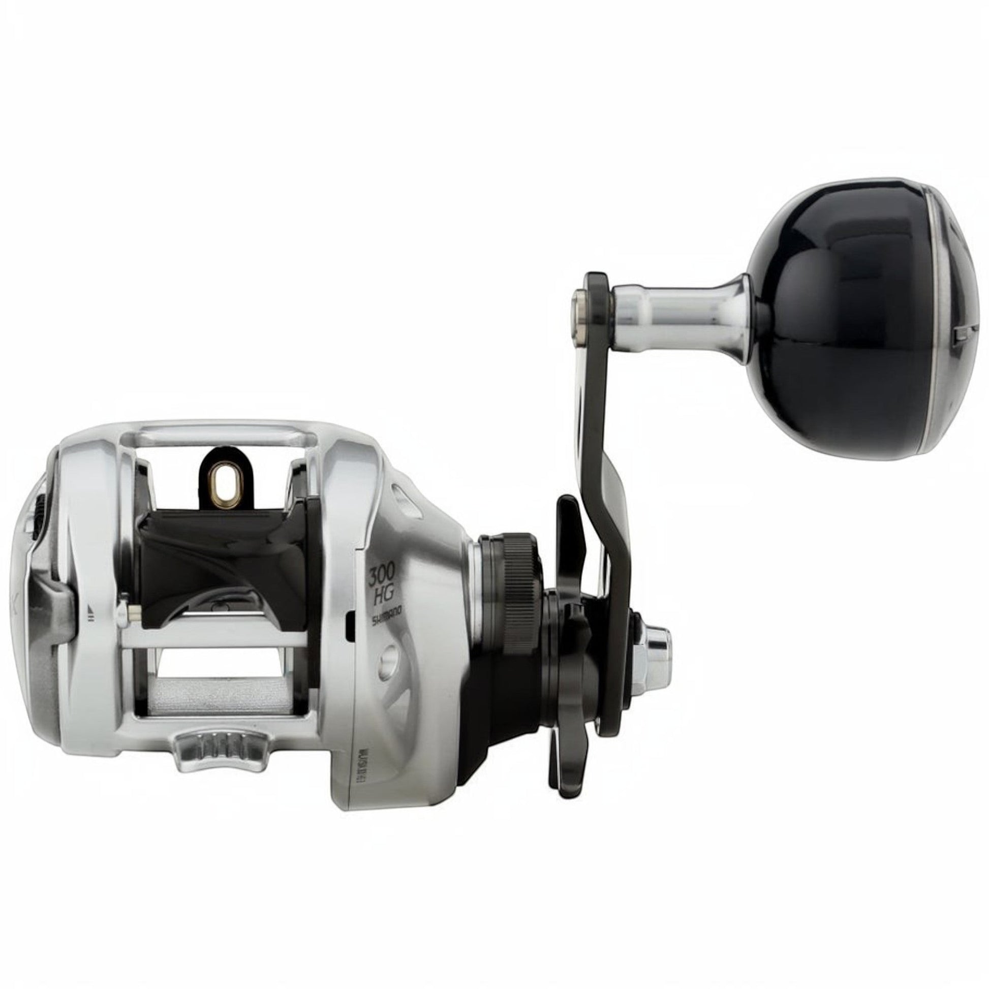 Dogfish Tackle & Marine Shimano Tranx B baitcasting reel, silver with black handle and knob. Features Hagane body.