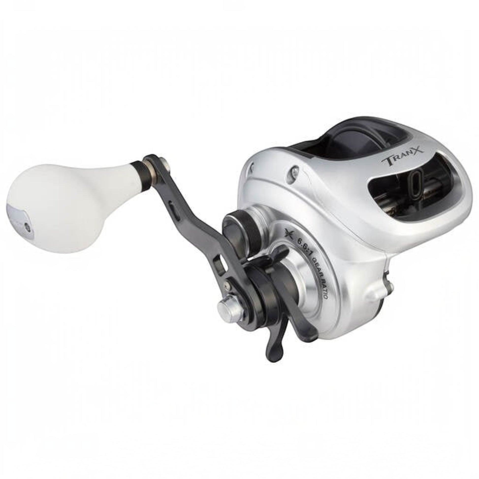 Dogfish Tackle & Marine Shimano Tranx 300A baitcaster fishing reel, silver with black accents and white handle.