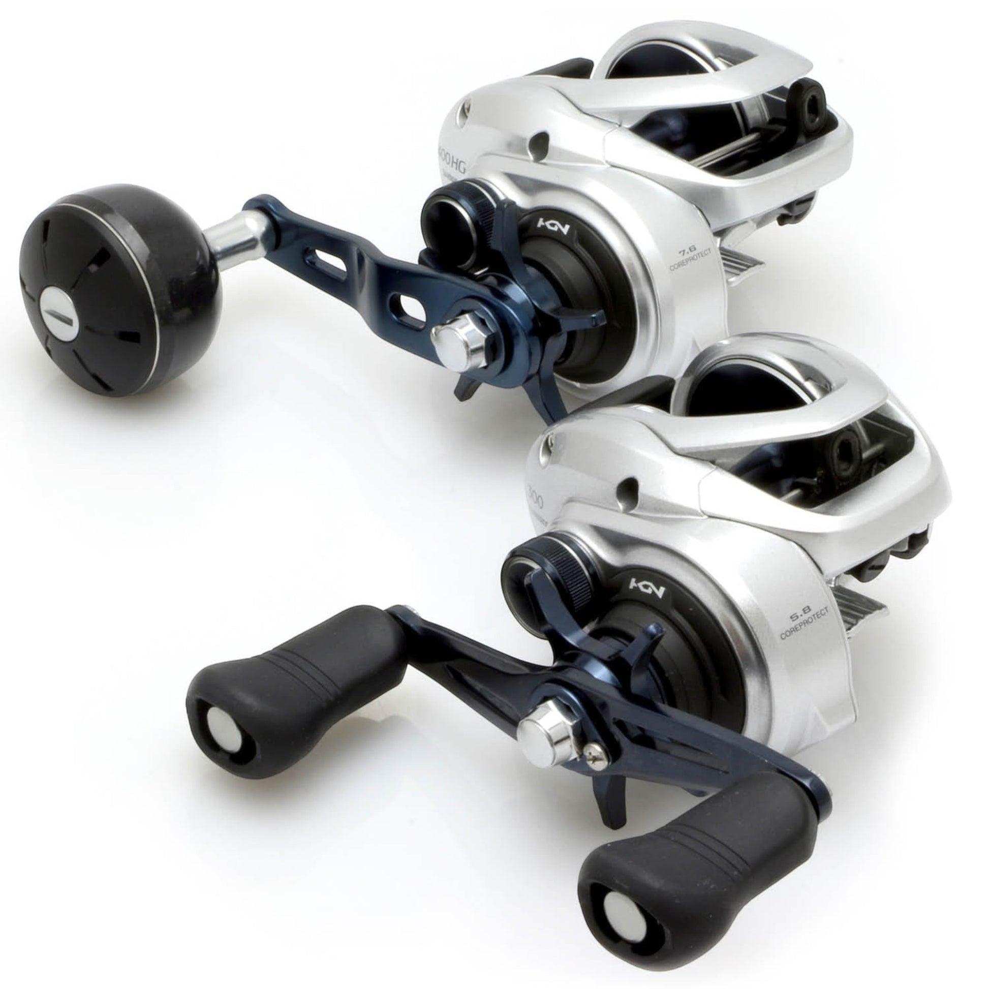 Dogfish Tackle & Marine Shimano Tranx 300 and 400 baitcasting reels, silver with blue accents and black handles.