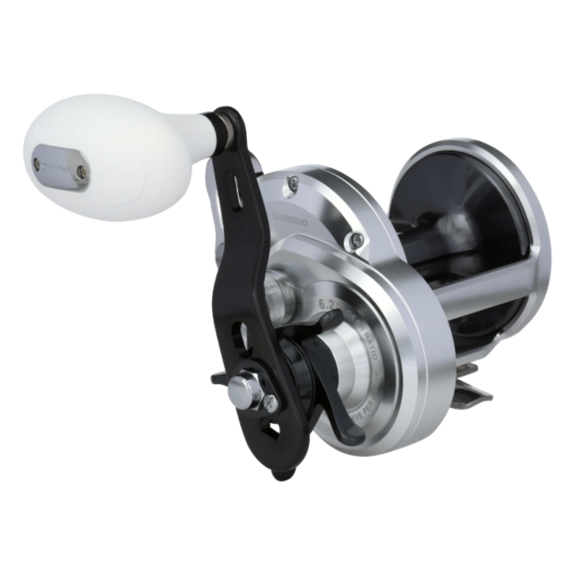Dogfish Tackle & Marine Shimano Trinidad A conventional fishing reel, silver metal body, black handle, white knob. Features X-Ship and Hagane Body.