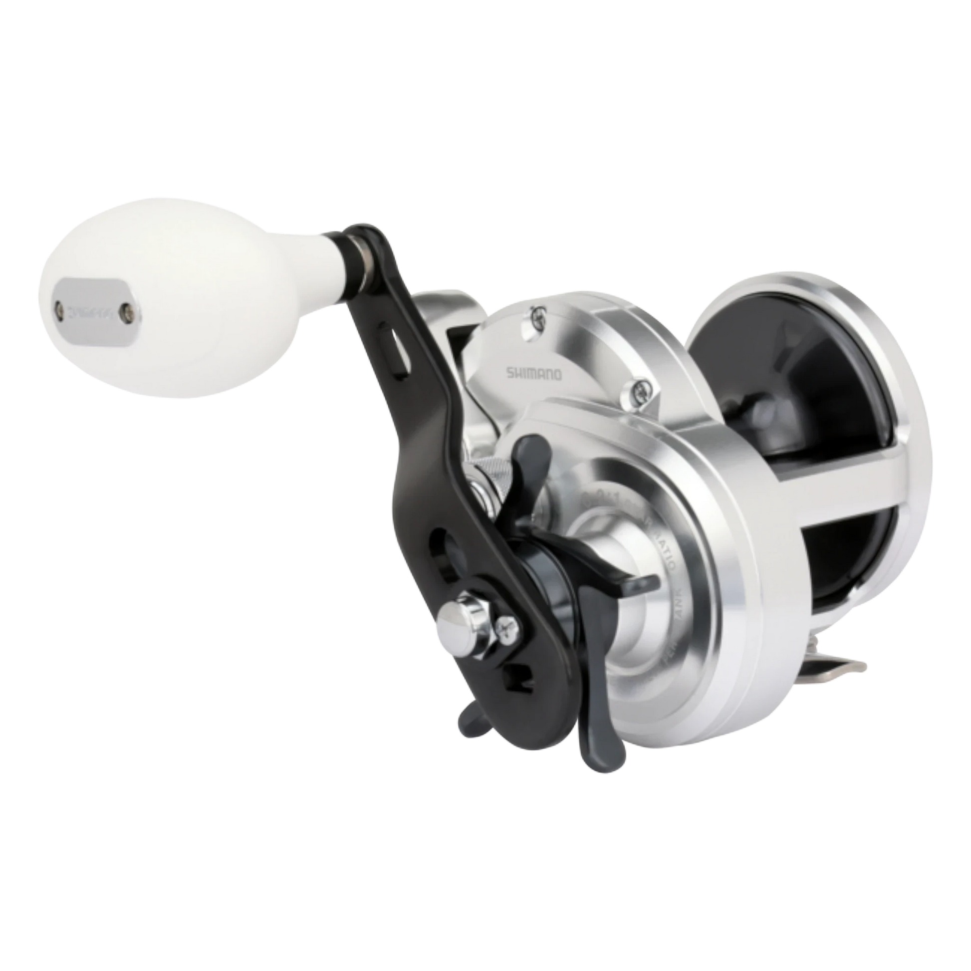 Dogfish Tackle & Marine Shimano Trinidad A Star Drag Conventional Reel, silver with black accents and white handle.