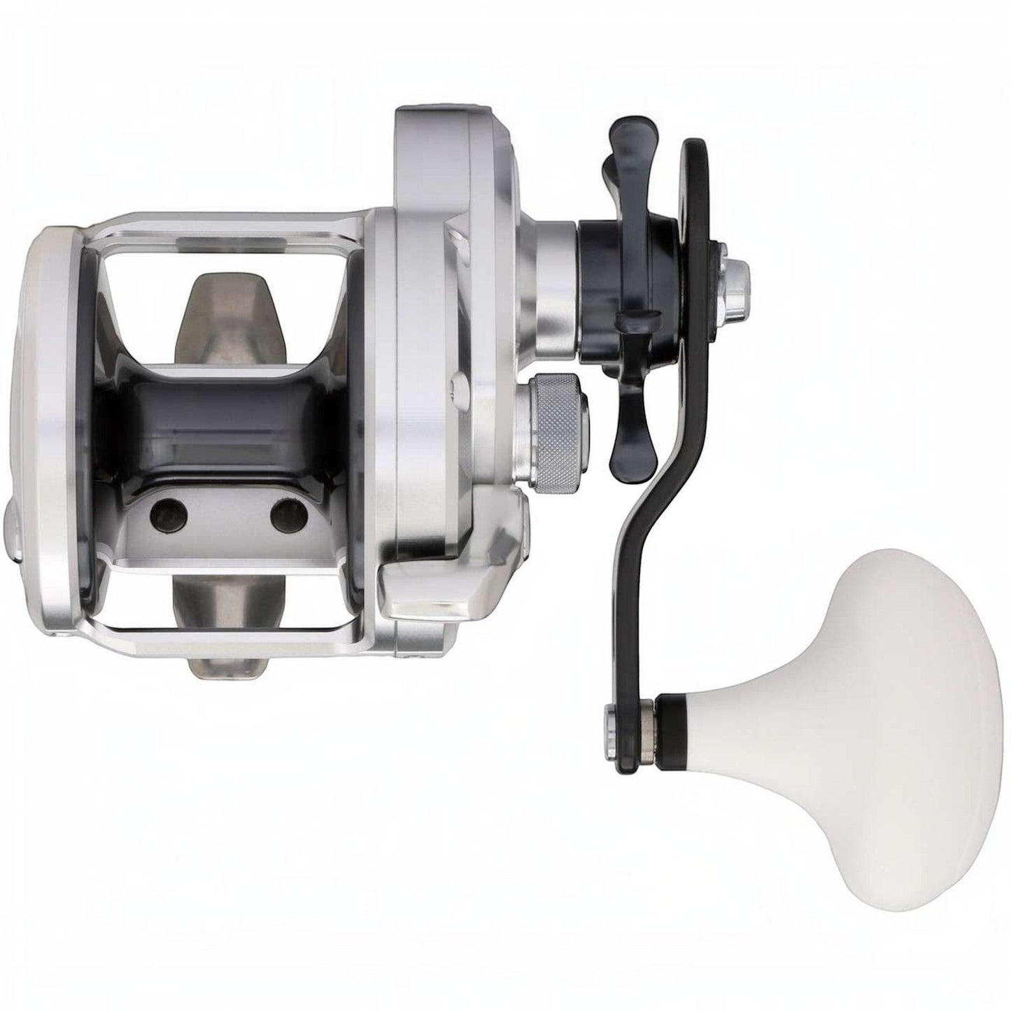 Dogfish Tackle & Marine Shimano Trinidad A Star Drag Conventional Reel, silver and black with white handle.