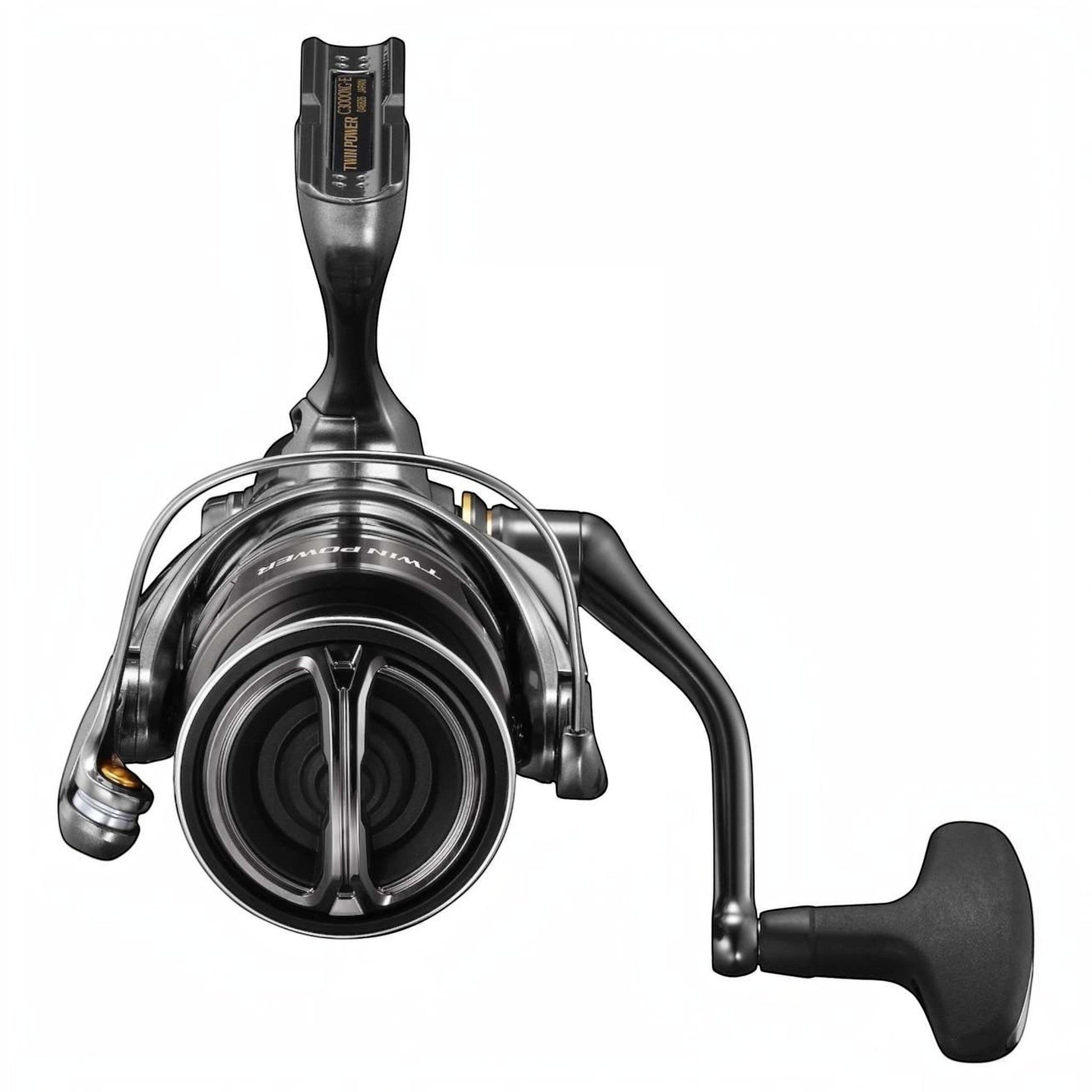 Dogfish Tackle & Marine Shimano Twin Power FE spinning reel, dark grey with black handle and spool. Features CI4+ and aluminum body.