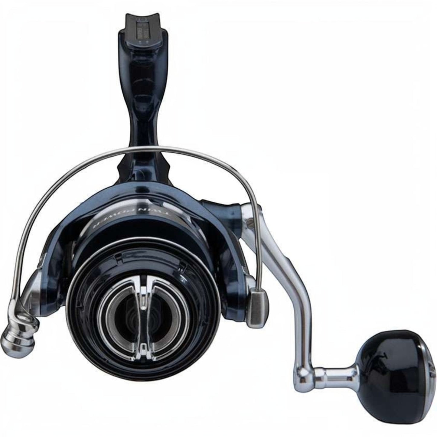 Dogfish Tackle & Marine Shimano Twinpower SW Spinning Reel, dark blue and silver, with black handle knob. Designed for offshore game fish.