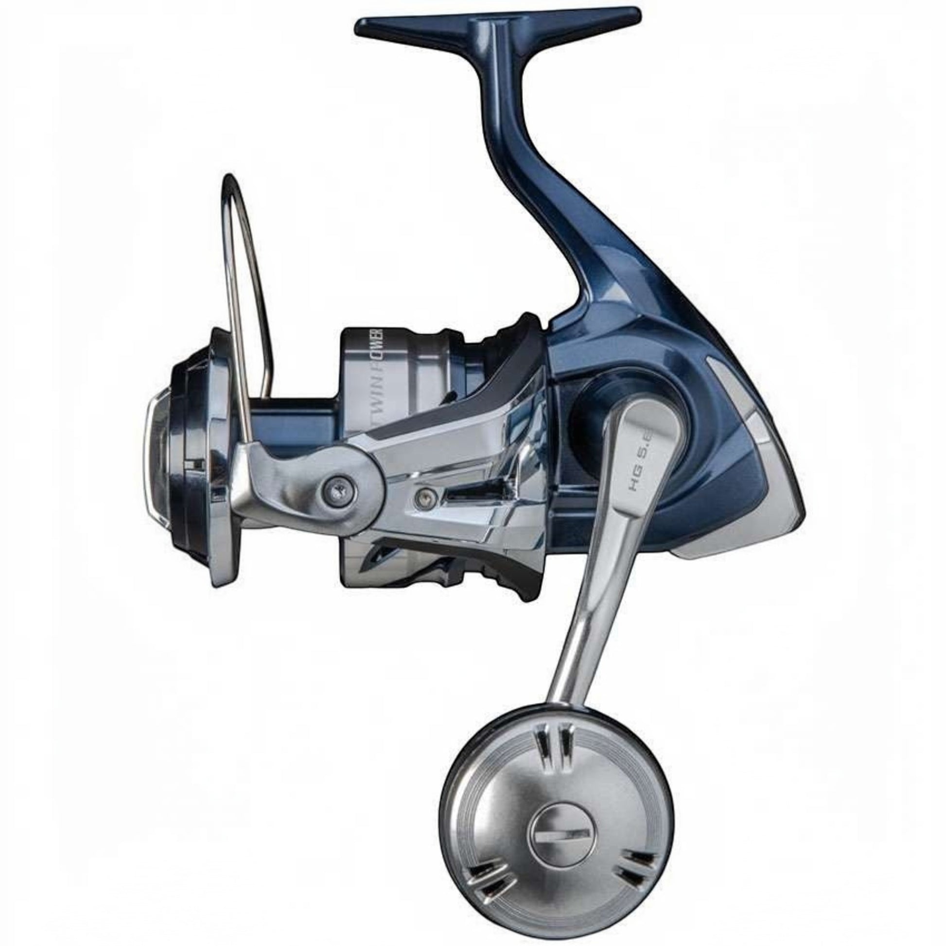 Dogfish Tackle & Marine Shimano Twinpower SW spinning reel in dark blue and silver, featuring Infinity Drive and Heatsink Drag.