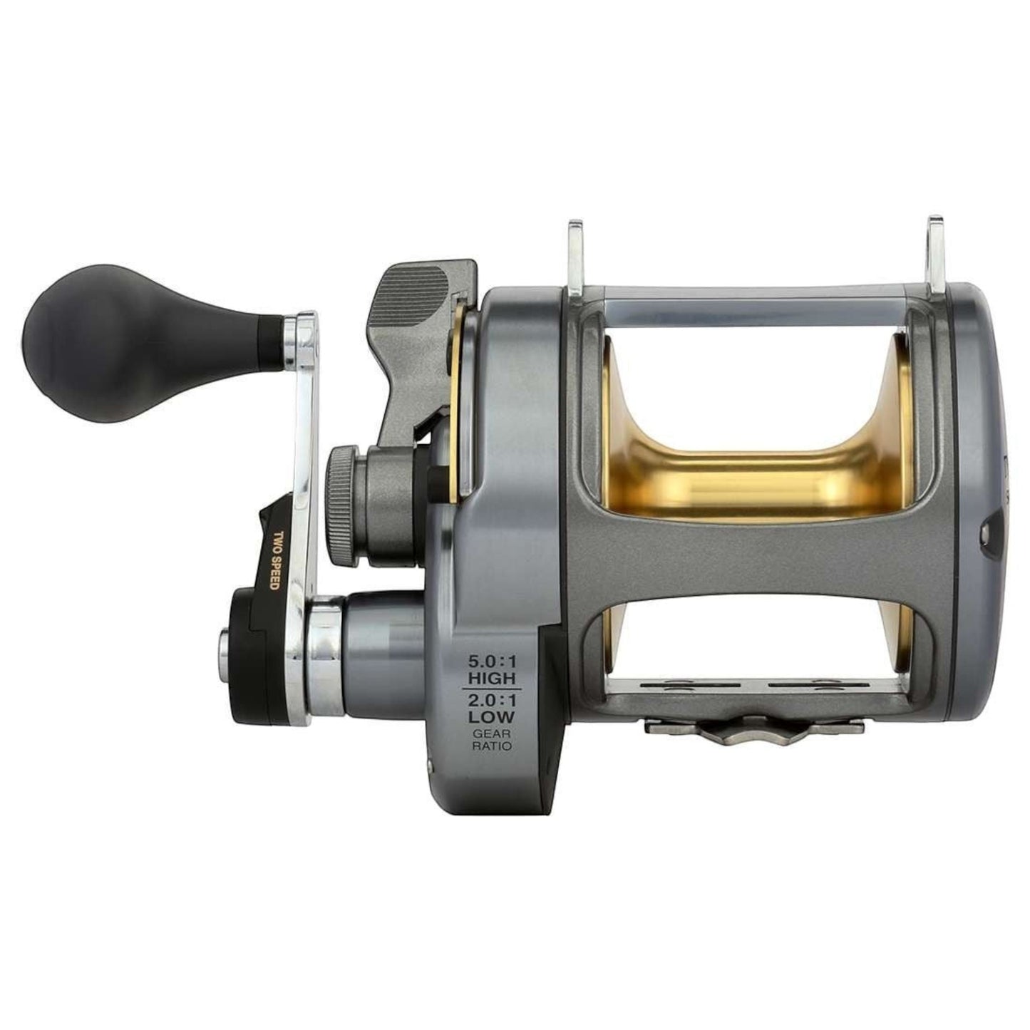 Dogfish Tackle & Marine Shimano Tyrnos 2-Speed conventional fishing reel, gray with gold spool, lever drag, and 5.0:1/2.0:1 gear ratio.