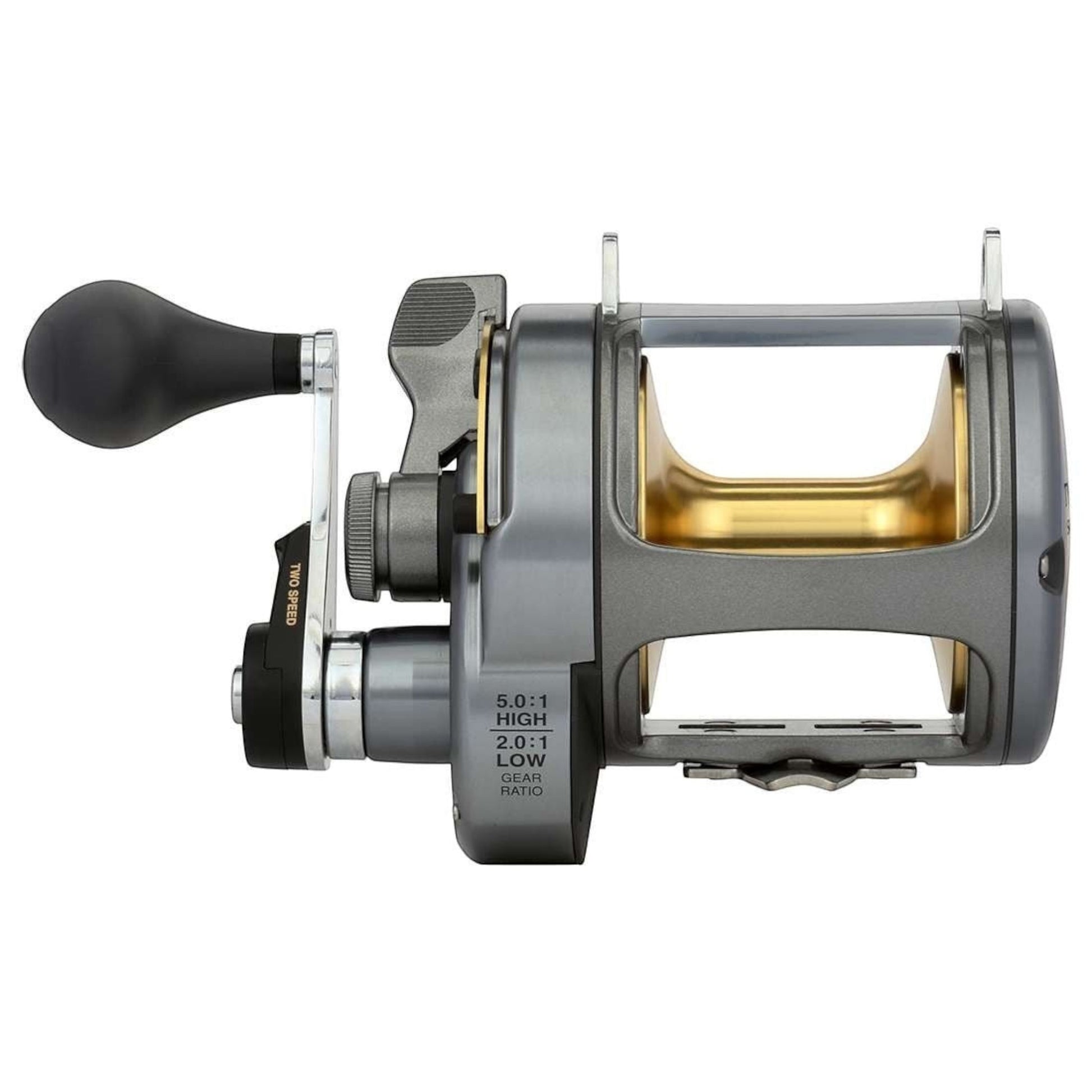 Dogfish Tackle & Marine Shimano Tyrnos 2-Speed conventional fishing reel, gray with gold spool, lever drag, and 5.0:1/2.0:1 gear ratio.