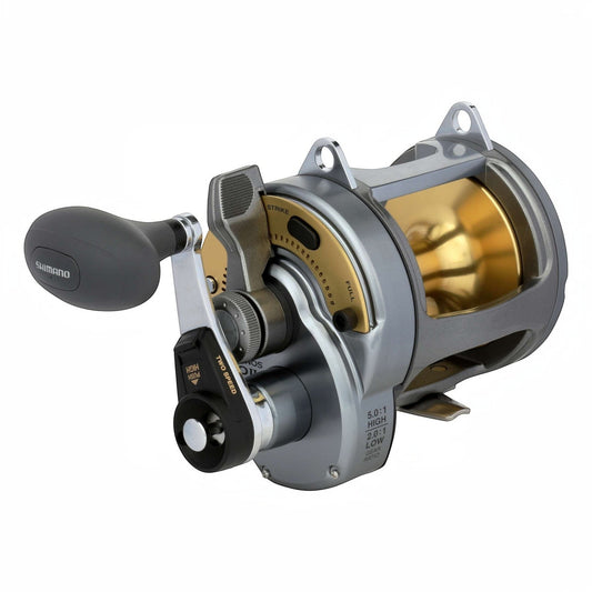 Dogfish Tackle & Marine Shimano Tyrnos 2-Speed conventional fishing reel, silver and gold, with lever drag and two-speed gearing.