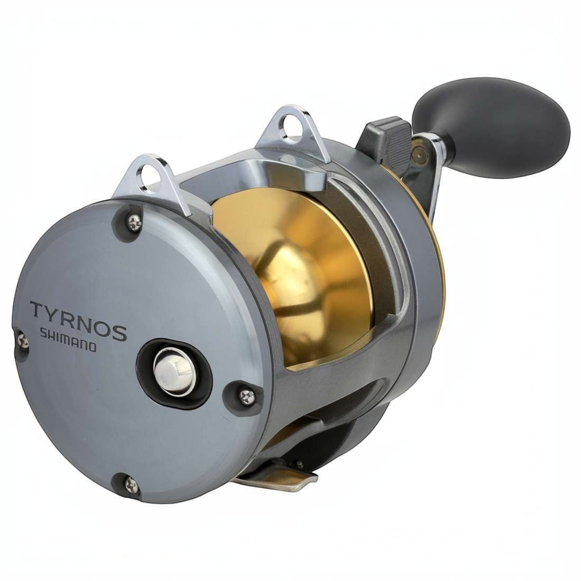 Dogfish Tackle & Marine Shimano Tyrnos 2-Speed conventional fishing reel, gray with gold spool and black handle.
