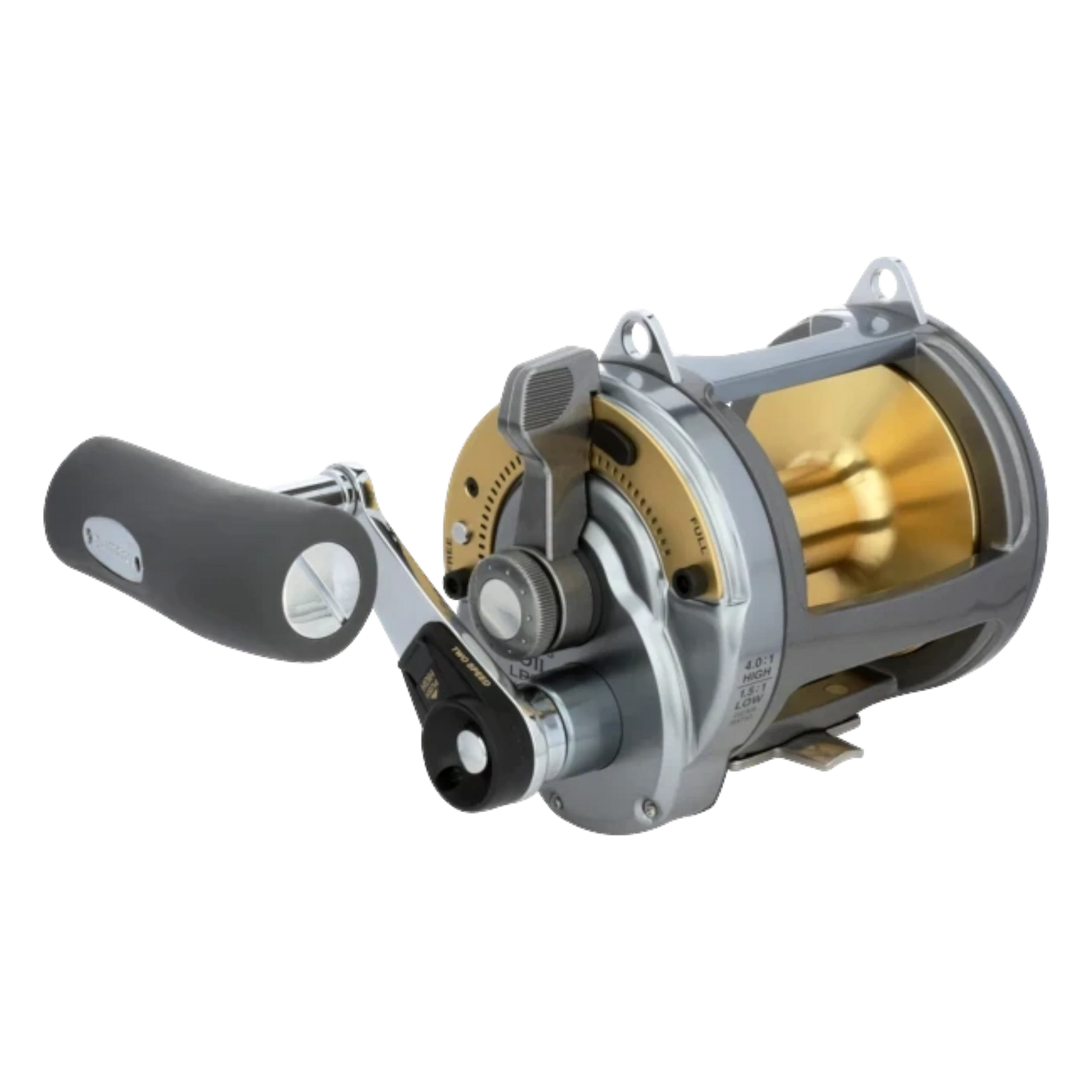 Dogfish Tackle & Marine Shimano Tyrnos 2-Speed conventional fishing reel, silver and gold, with lever drag and large handle.