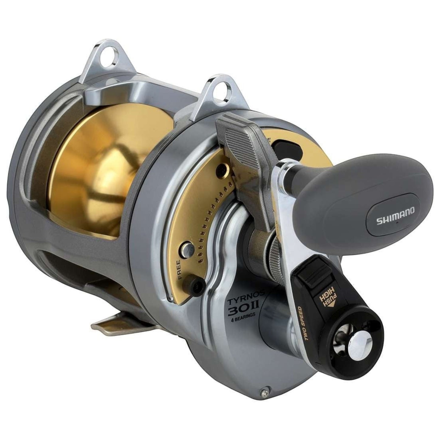 Dogfish Tackle & Marine Shimano Tyrnos 30II 2-Speed saltwater fishing reel, silver and gold with grey handle.