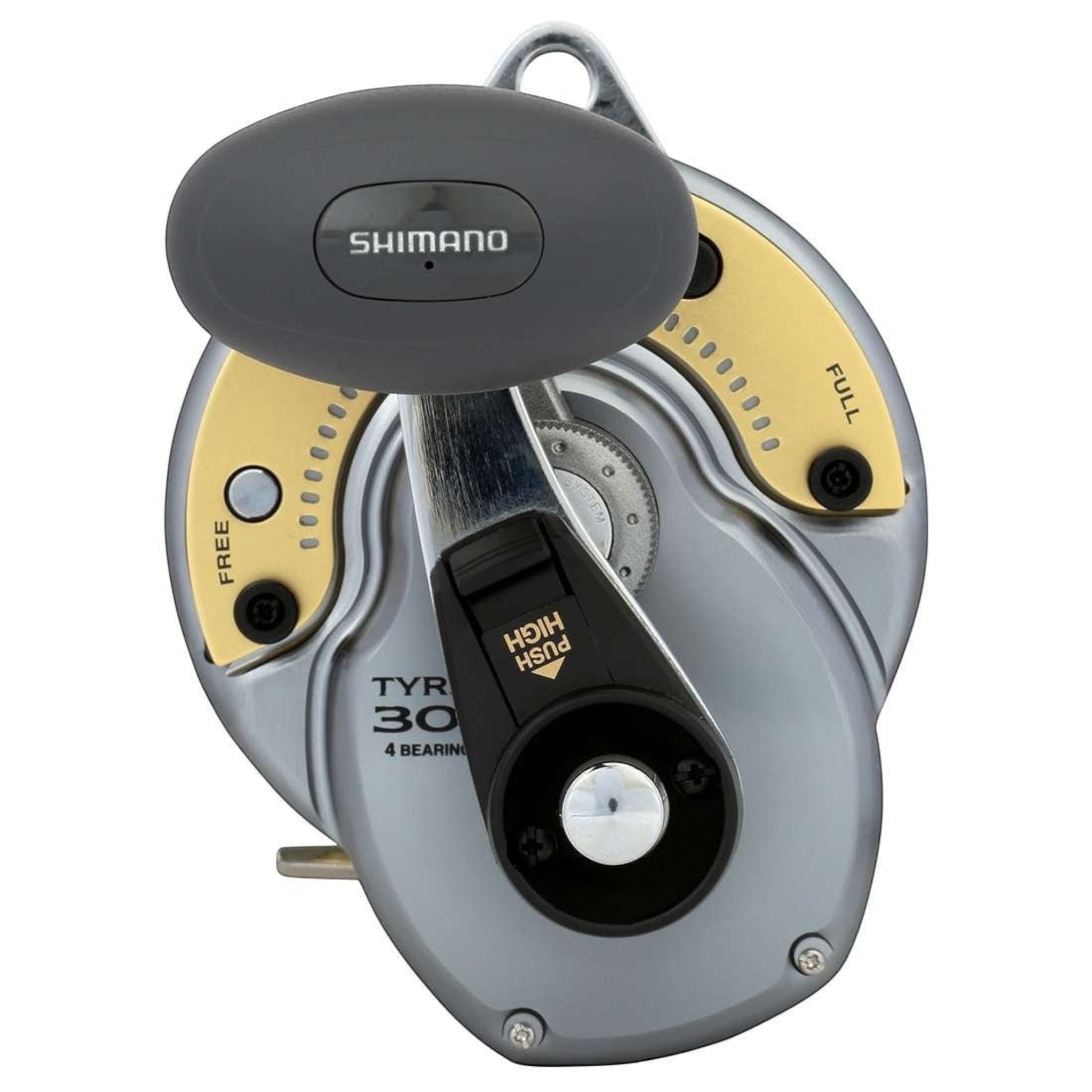 Dogfish Tackle & Marine Shimano Tyrnos 30II 2-speed saltwater fishing reel with silver body and gold accents.