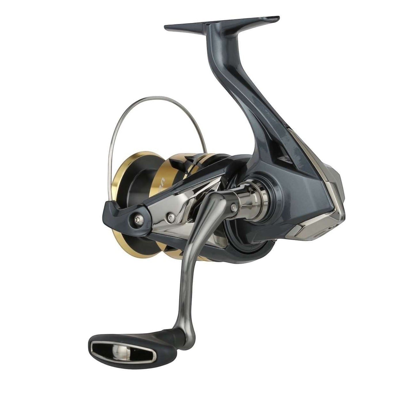 Dogfish Tackle & Marine Shimano Ultegra FD spinning reel in dark grey with gold accents, featuring a silver handle and black grip.