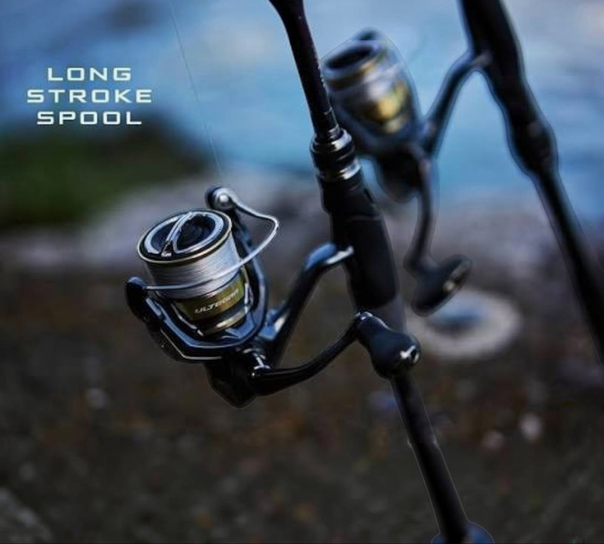 Dogfish Tackle & Marine Shimano Ultegra FD spinning reel with long stroke spool, black and silver finish.