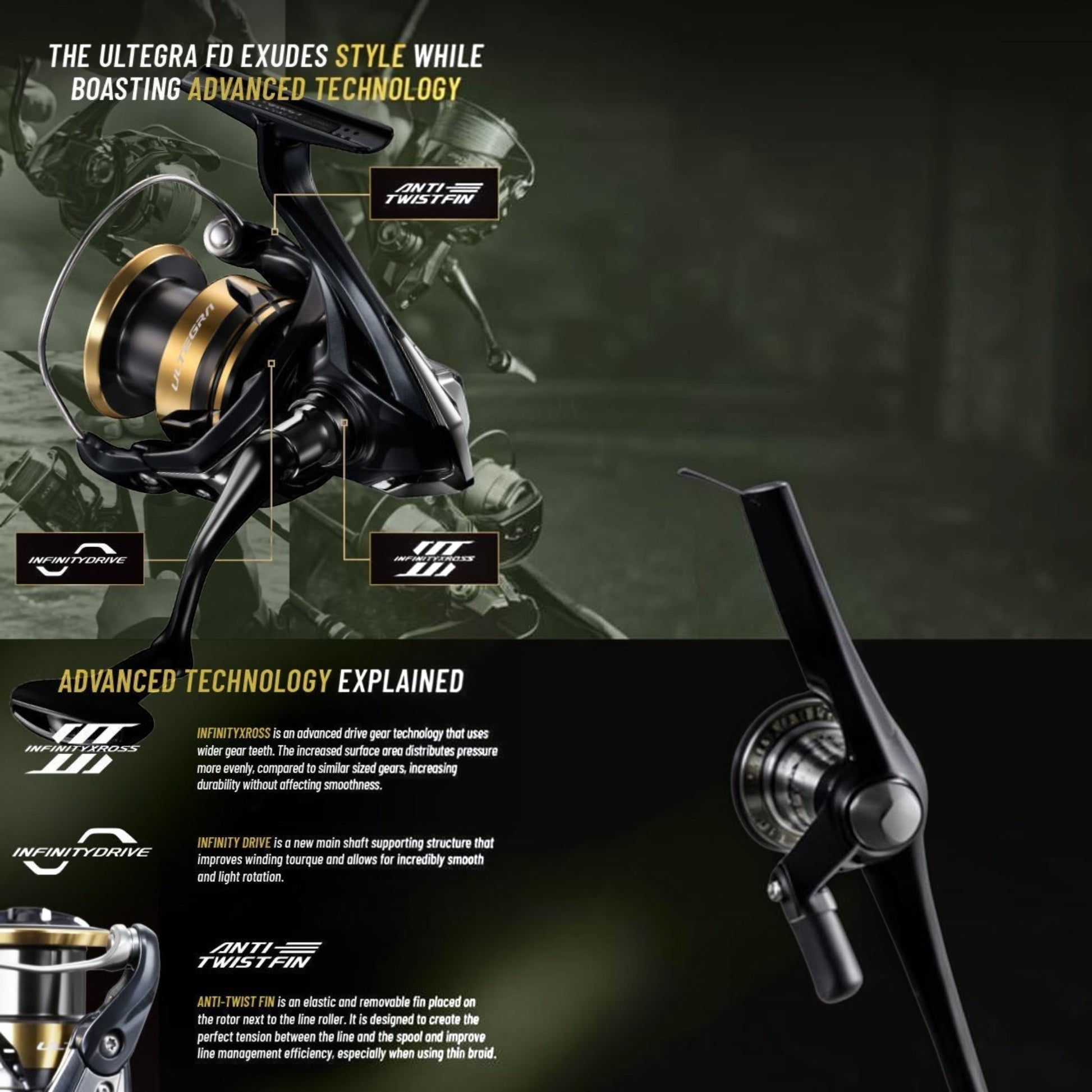 Dogfish Tackle & Marine Shimano Ultegra FD spinning reel in black and gold with advanced technology features like Anti-Twist Fin.