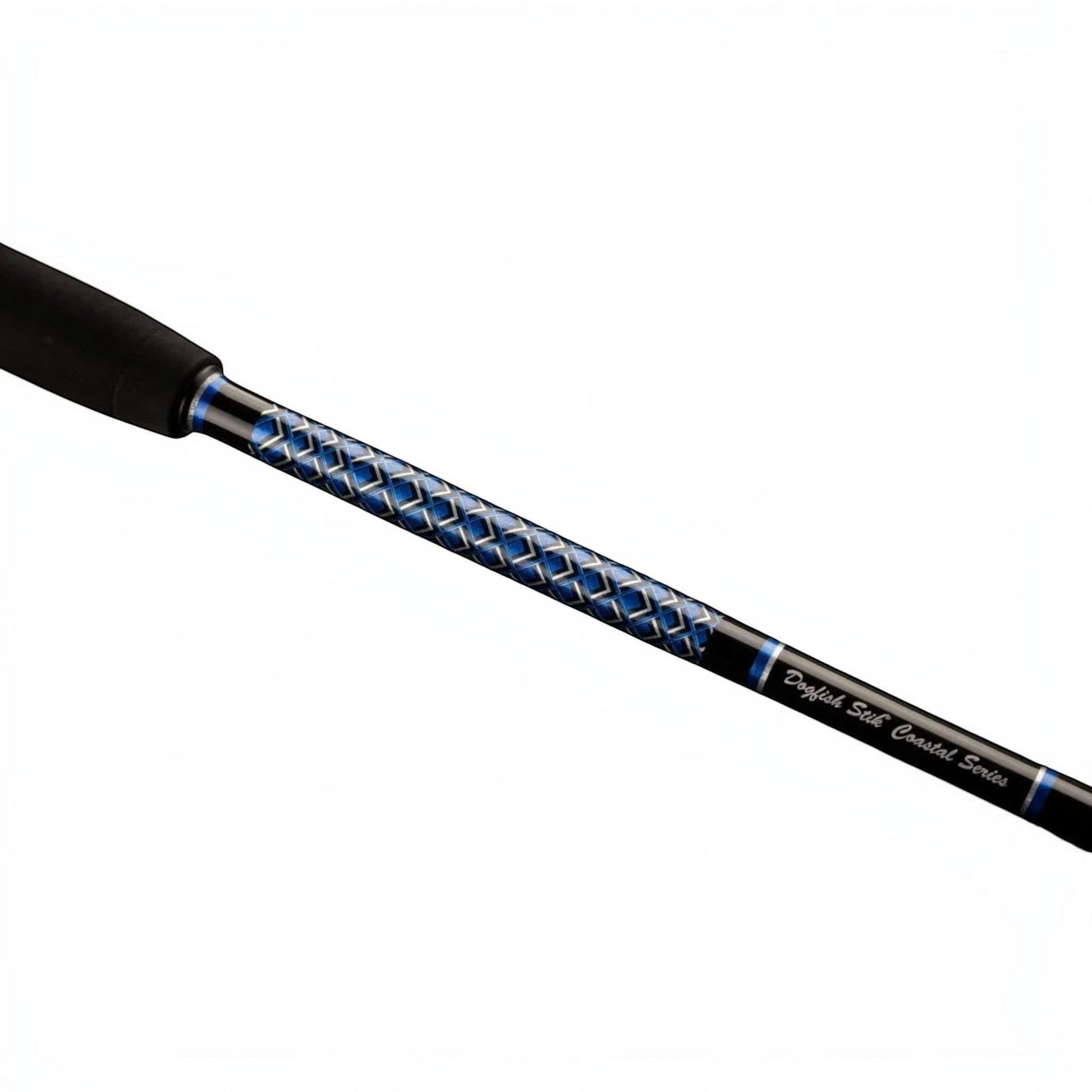 Dogfish Stik Coastal Series graphite spinning fishing rod with blue diamond pattern and black EVA foam grip.