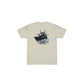 Dogfish Tackle & Marine short sleeve crew neck t-shirt in light beige poly cotton jersey with a graphic logo of a ship's wheel and boat.