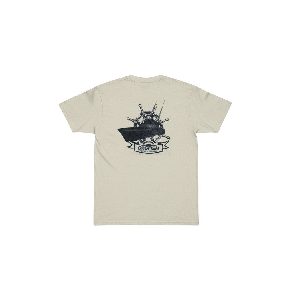 Dogfish Tackle & Marine short sleeve crew neck t-shirt in light beige poly cotton jersey with a graphic logo of a ship's wheel and boat.