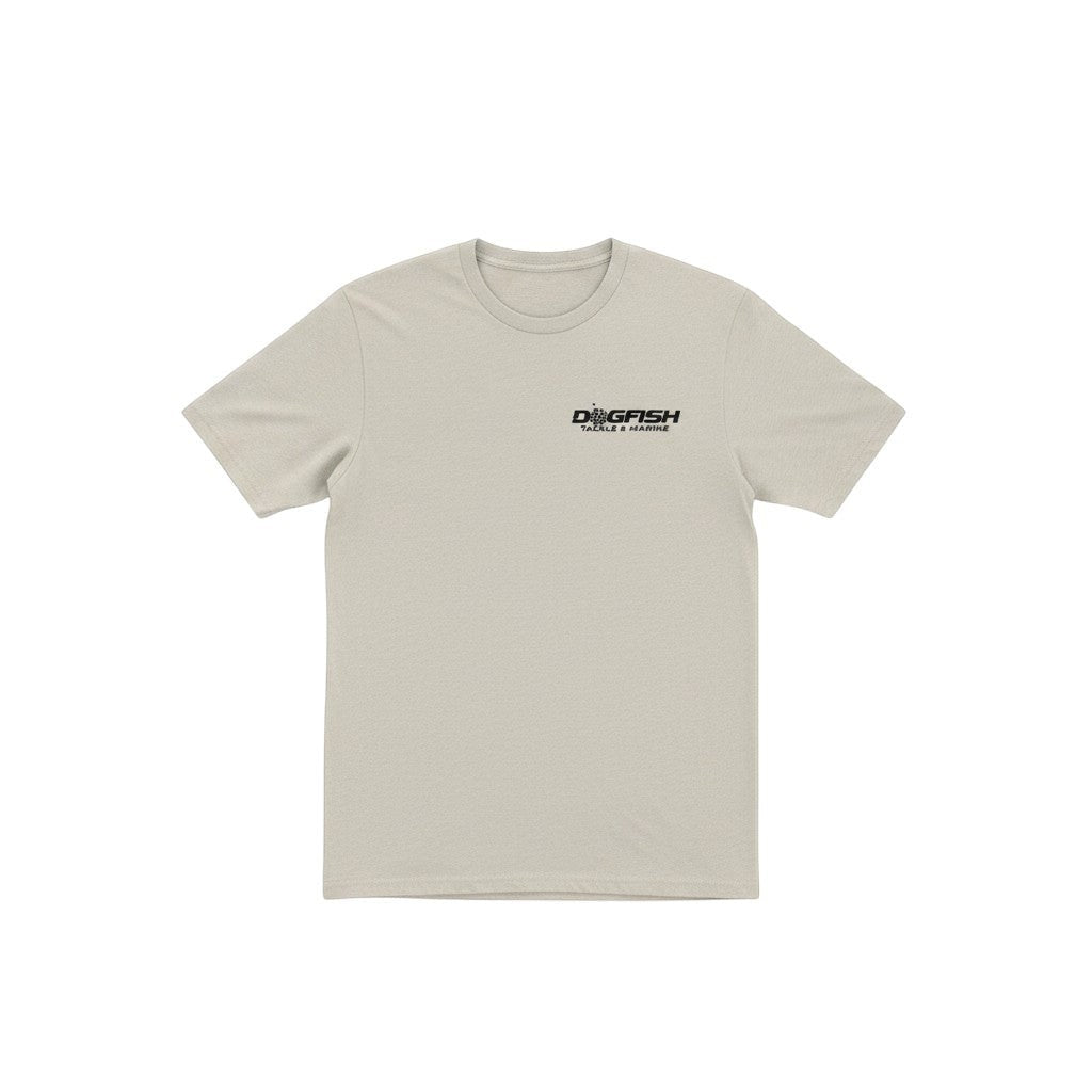 Dogfish Tackle & Marine light beige poly cotton jersey short sleeve t-shirt with crew neck and sport fish logo.