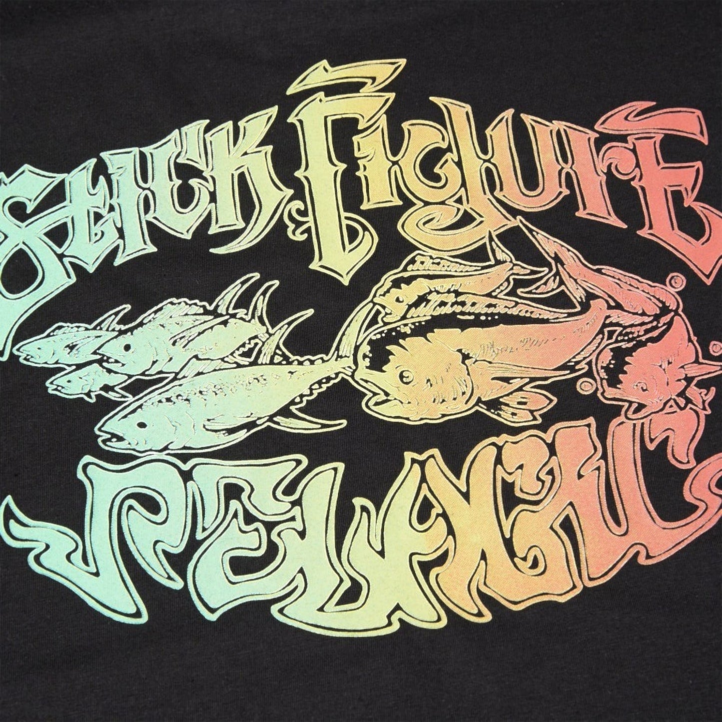 Dogfish Tackle & Marine black 60% cotton 40% polyester t-shirt with a gradient graphic of fish and the words "Stick Figure Pelagic"