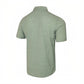 Dogfish Tackle & Marine sage green short sleeve button-down shirt with all-over stick figure pattern. UPF 50+.