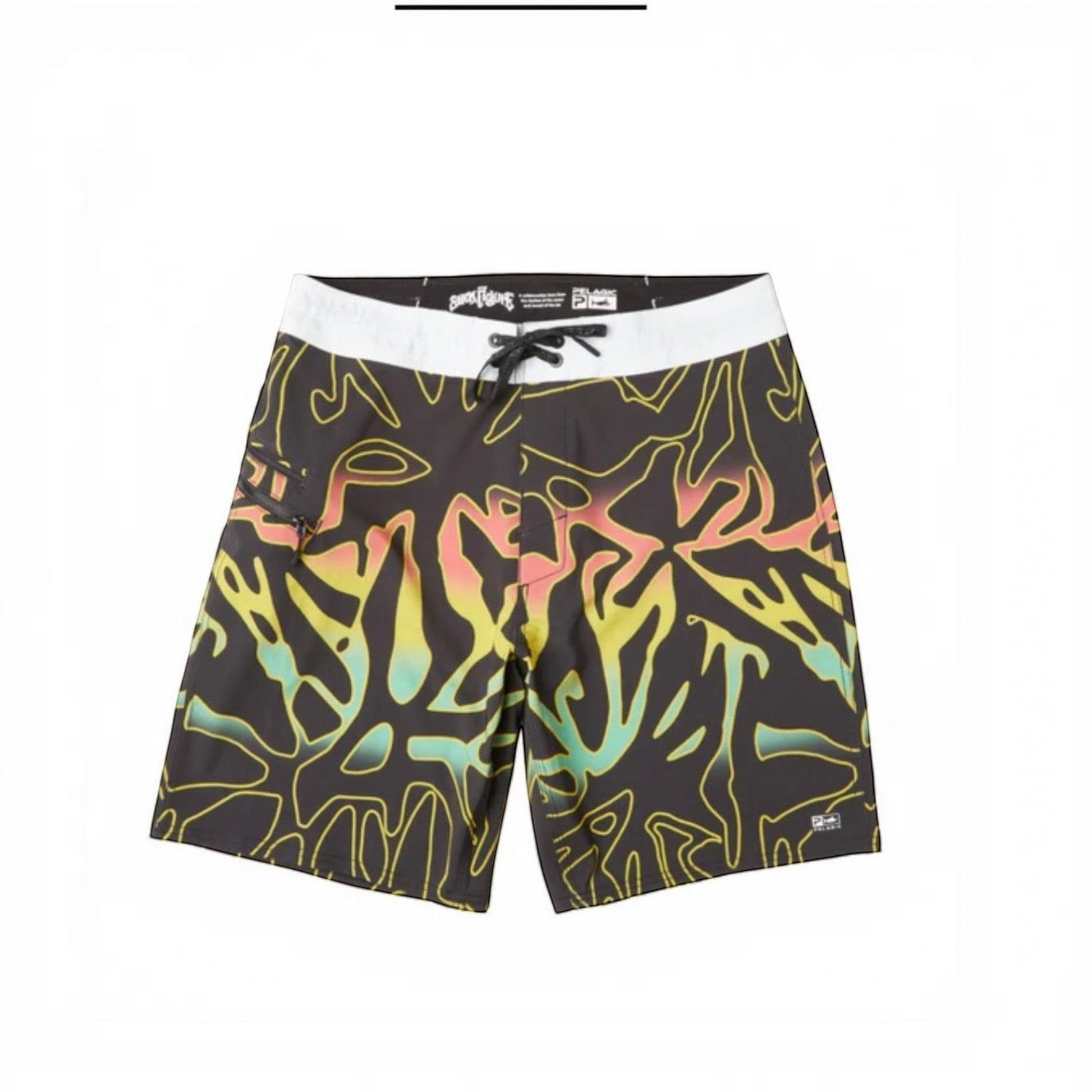 Dogfish Tackle & Marine black boardshorts with abstract yellow, pink, and green print, white waistband, and zip pocket.