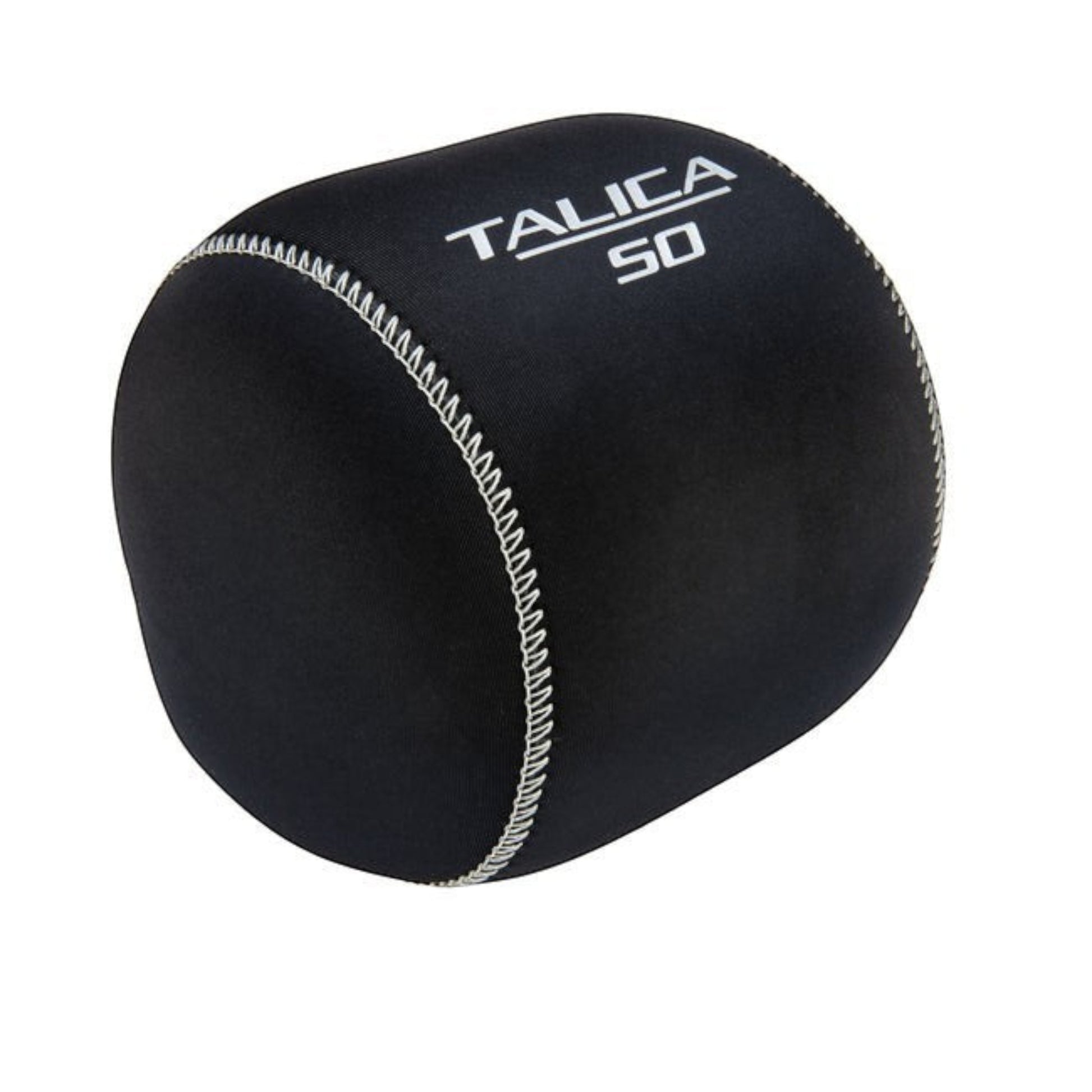 Dogfish Tackle & Marine black neoprene Talica 50 reel cover with silver logo and white stitching.