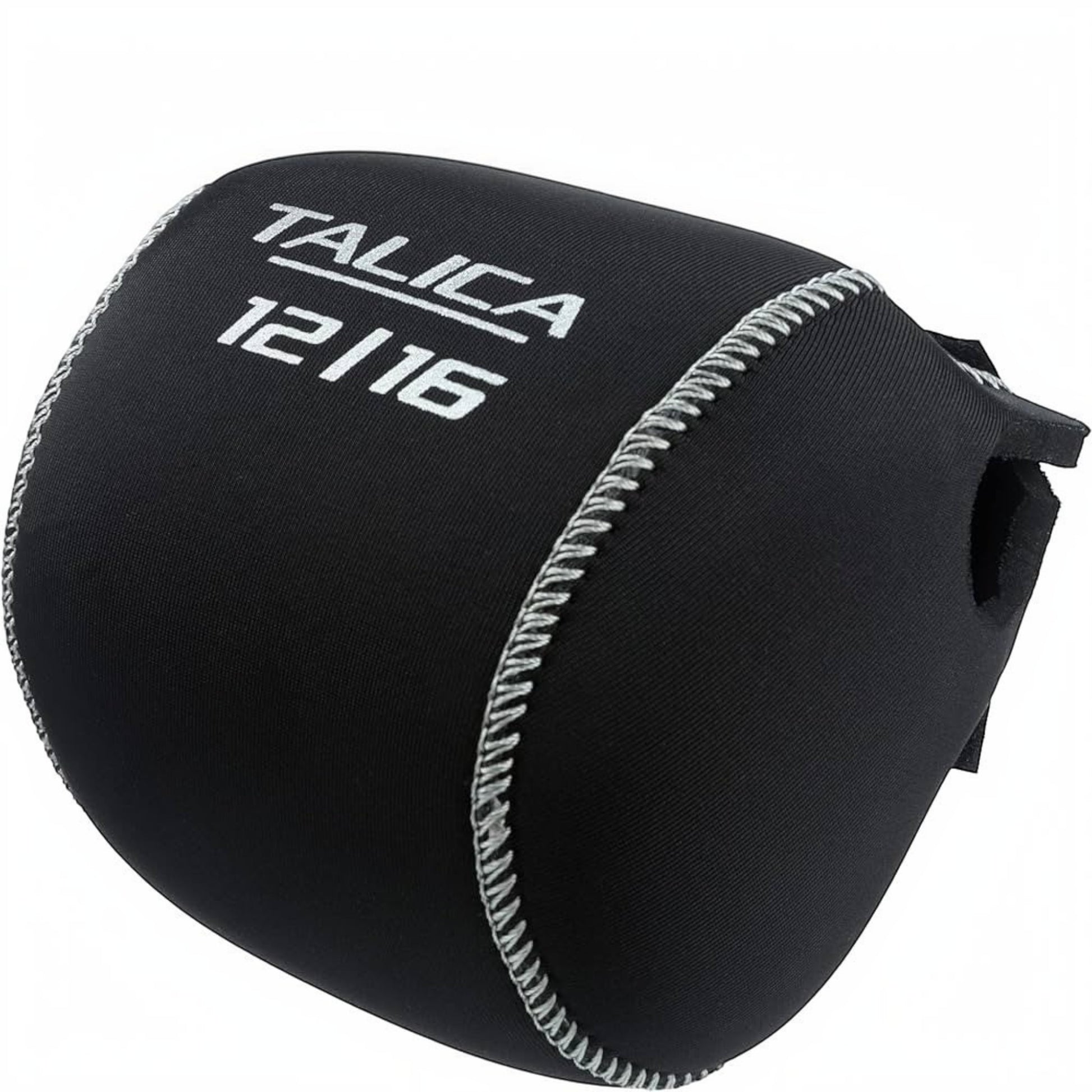 Dogfish Tackle & Marine black neoprene Talica 12/16 reel cover with silver logo and stitching
