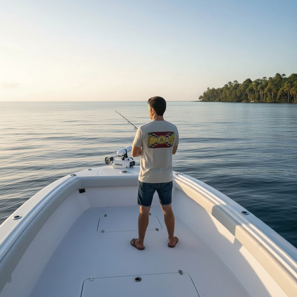 Dogfish Tackle & Marine men's tan graphic t-shirt with 'Don't Tread On Me' flag design on back, fishing on boat